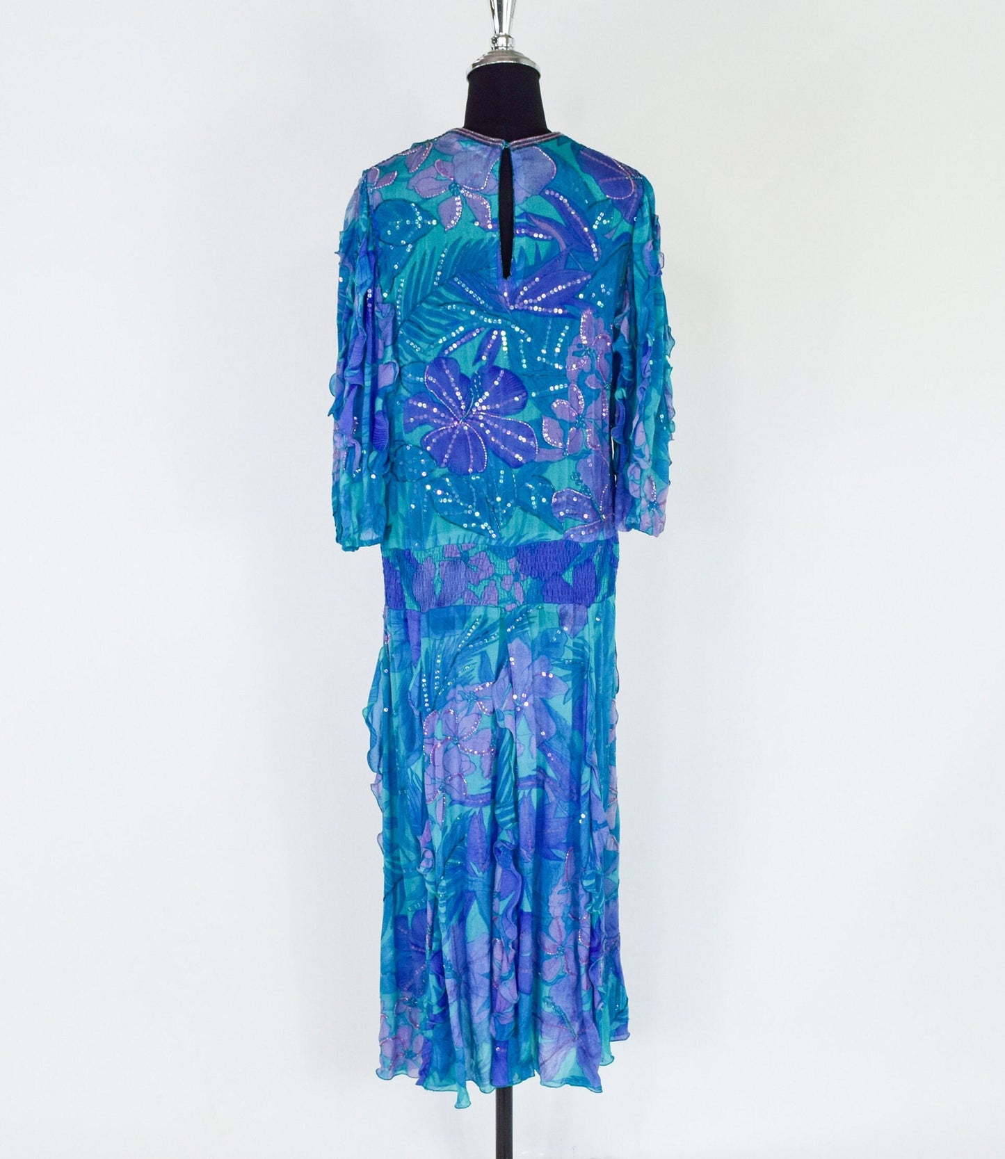1980s Blue Silk Chiffon Ruffled Party Dress | 80s Blue Beaded Chiffon Dress | Judith Ann Creations | Medium
