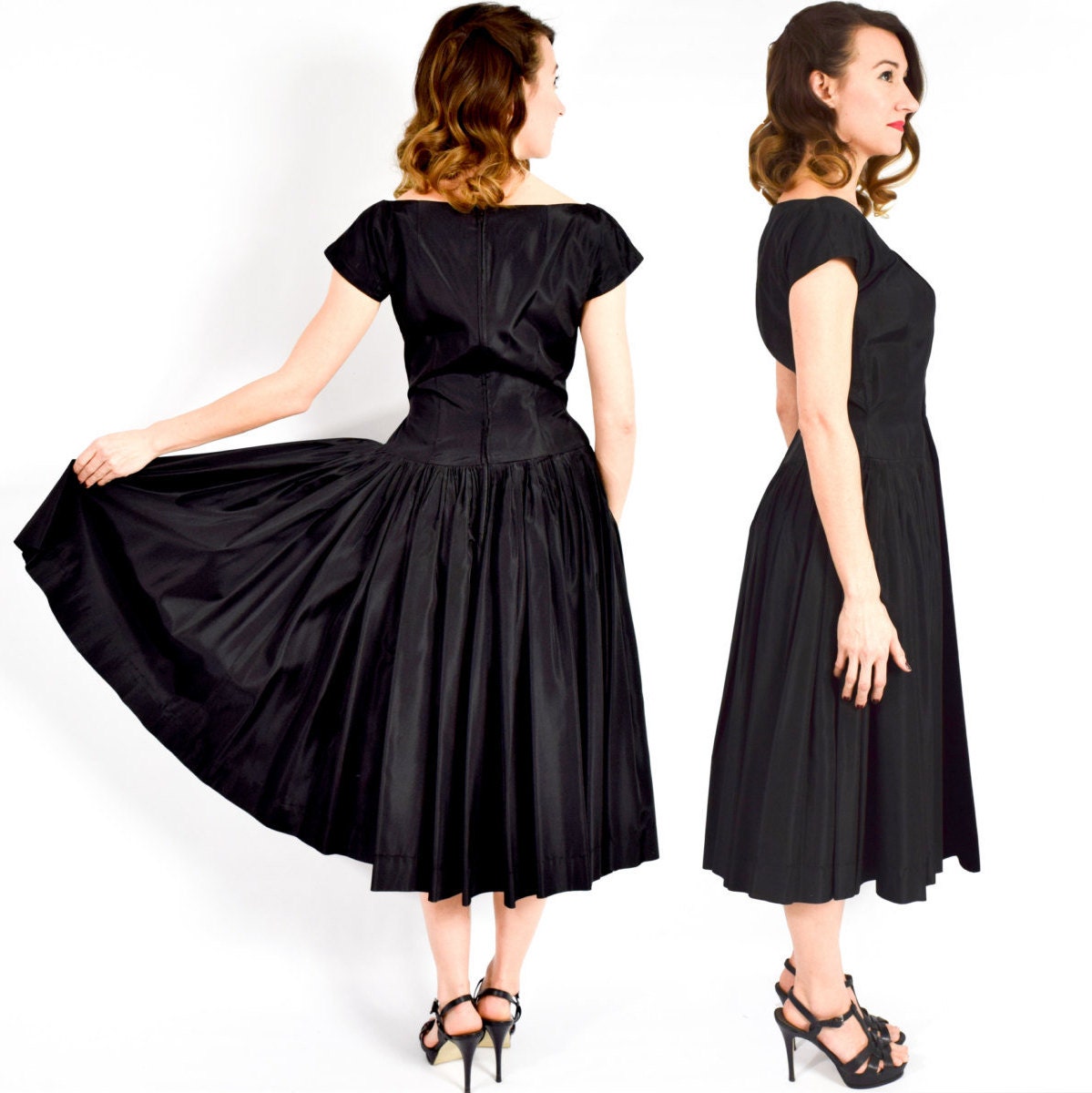 1950s Black Velvet Taffeta Cocktail Dress, Medium