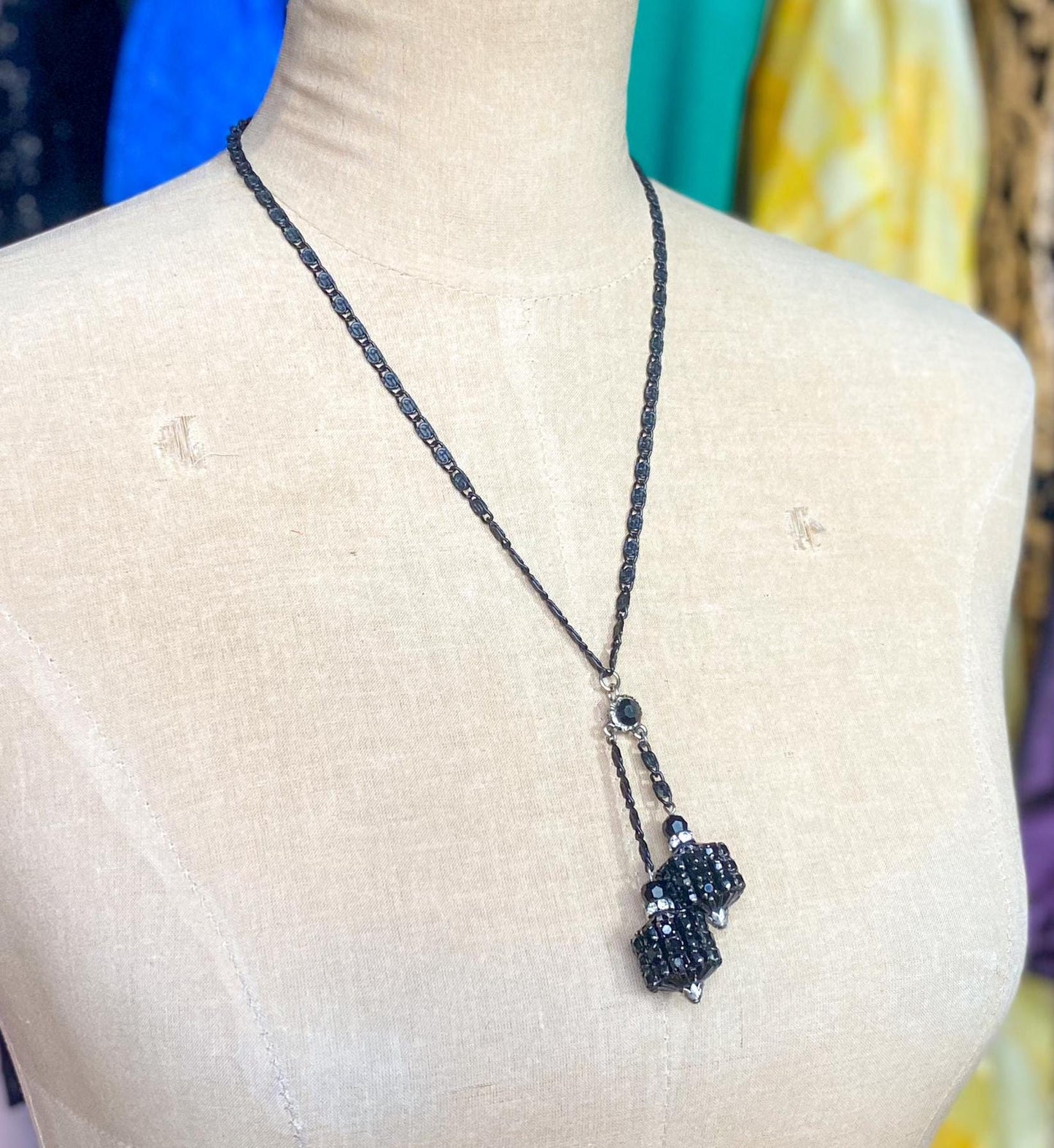 1950s Black Bolo Necklace | Vintage Rhinestone Pendant