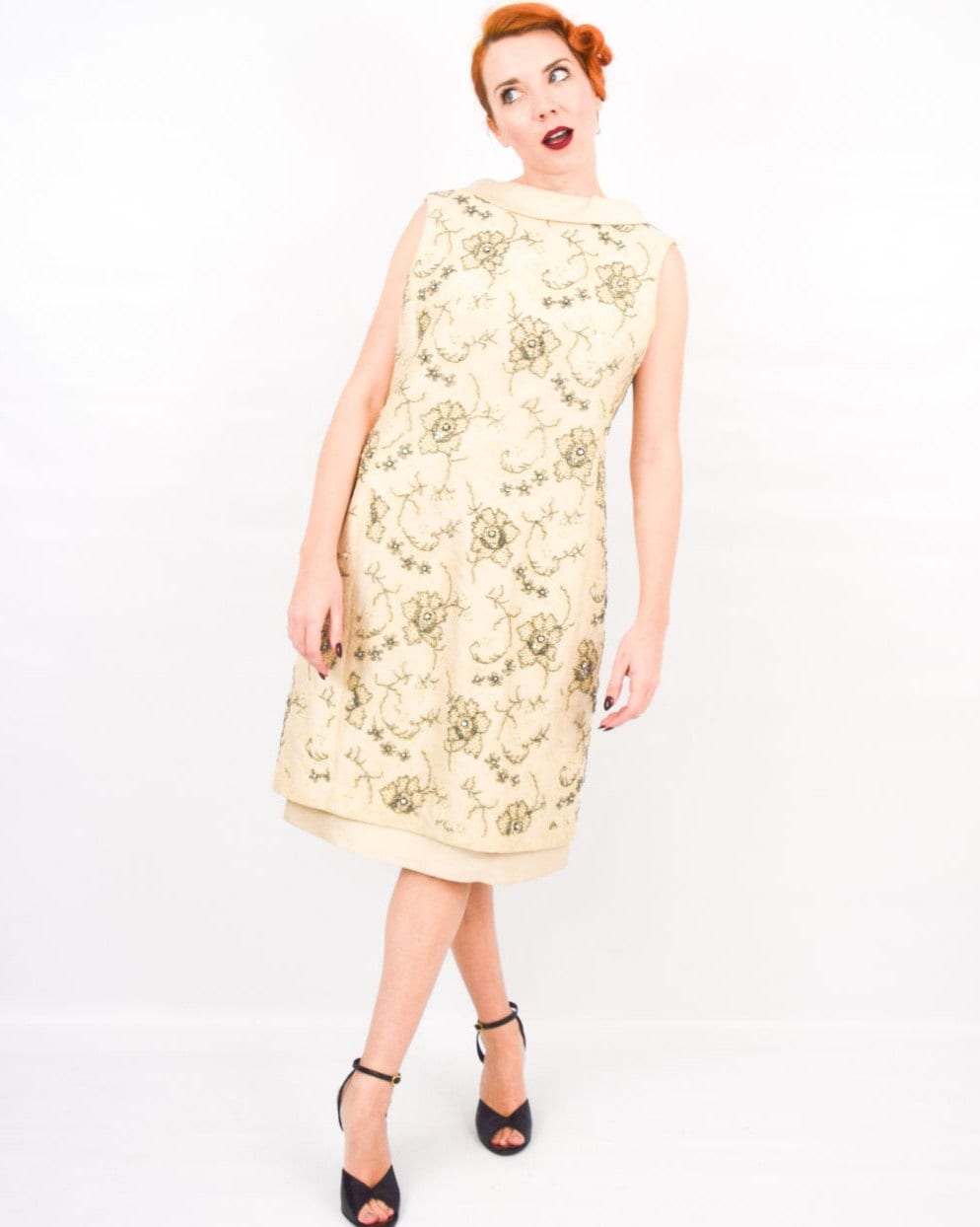 1960s Beaded Silk Cocktail Dress | Vintage Floral Lace, Medium