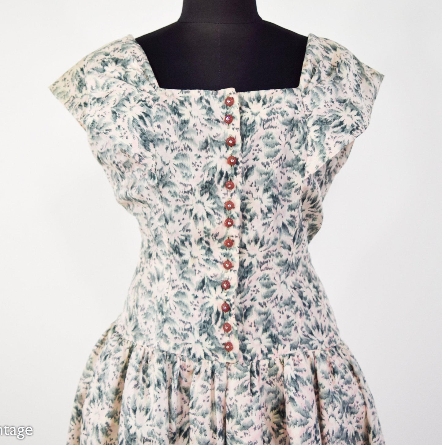 1950s Gray & Pink Floral Silk Party Dress, Medium