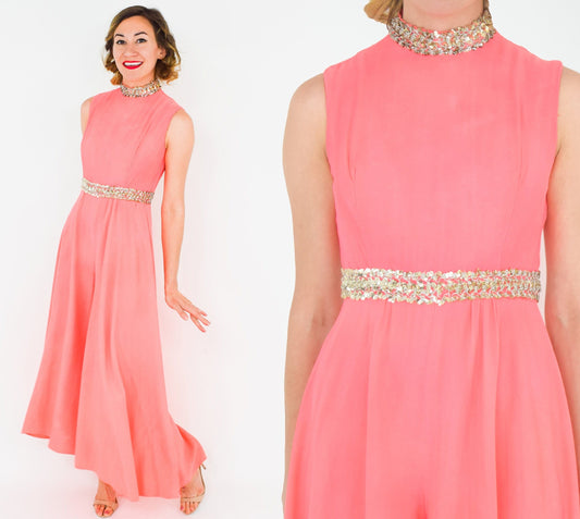 1960s Coral Crepe Palazzo Jumpsuit, Small