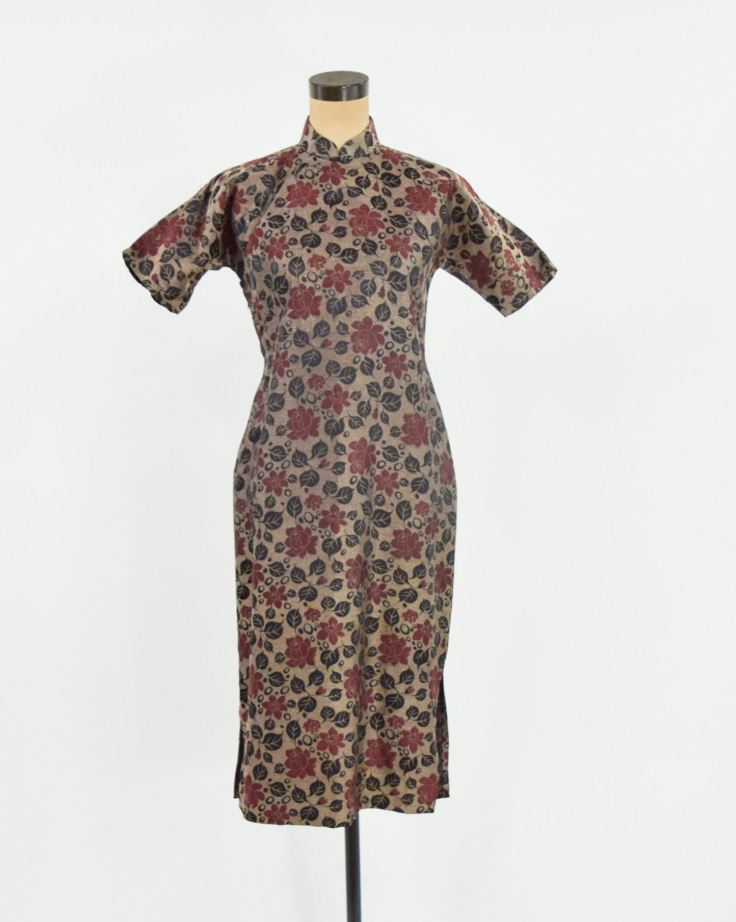 1950s Bronze & Burgundy Brocade Lamé Cheongsam Dress, Medium