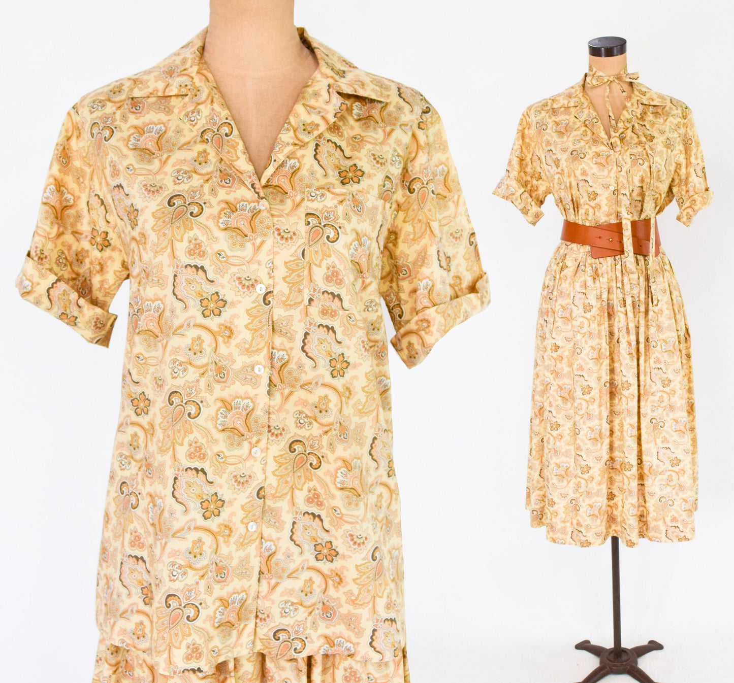 1980s Gold Floral Blouse & Skirt Set | 80s Gold Cotton Paisley Skirt Set | Gloria Sachs | Medium