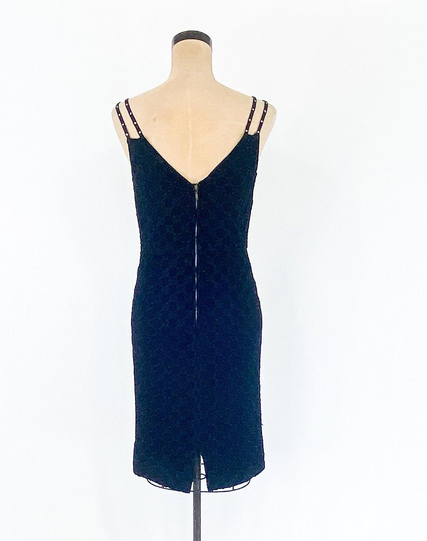 1950s Black Ribbon Lace Party Dress | 50s Black Spaghetti Strap Sheath | Black Wiggle Dress | Small