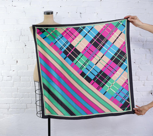 1980s Echo Geometric Colorful Silk Scarf | Vintage Black Print Silk Scarf