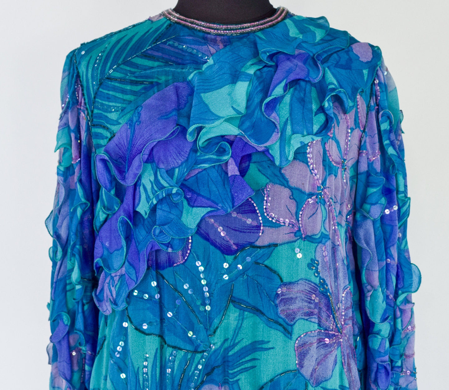 1980s Blue Silk Chiffon Ruffled Party Dress | 80s Blue Beaded Chiffon Dress | Judith Ann Creations | Medium