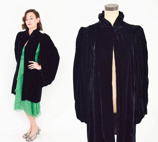 1930s Black Silk Velvet Evening Coat with Black Draped Sleeves Cape, Medium