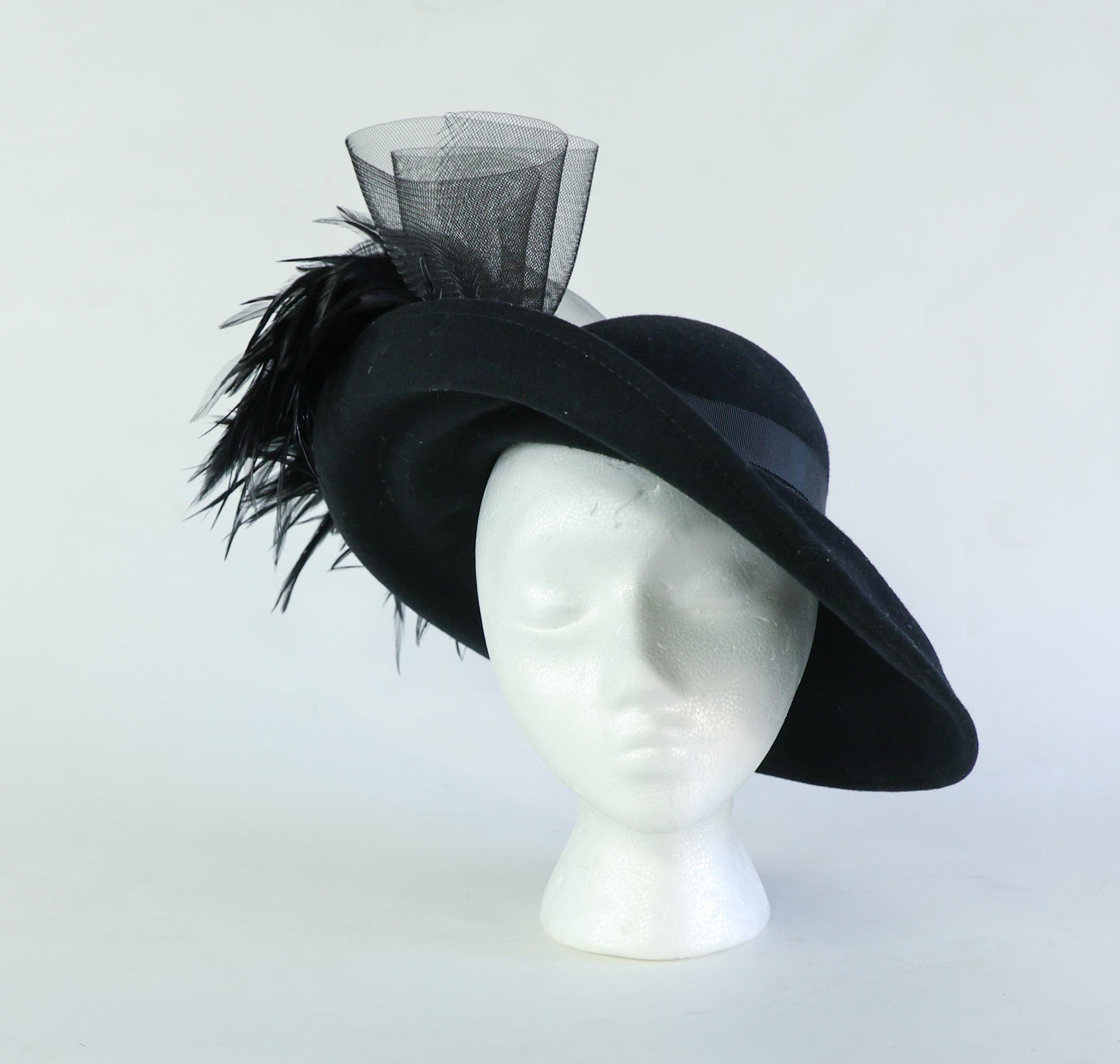 1980s Black Wide Brim Feather Hat
