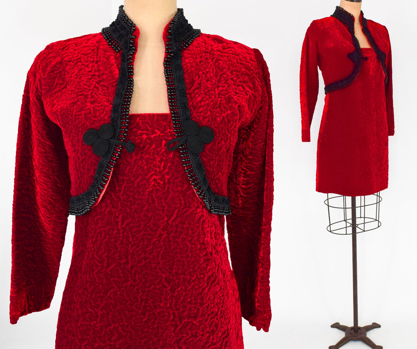 1960s Red Velvet Dress & Jacket | 60s Red Cotton Velvet Mini Dress Jacket | Small