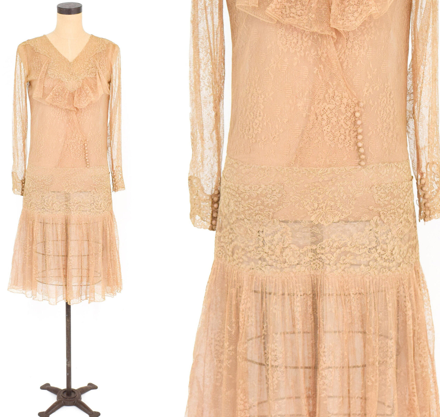 1920s Beige Lace & Silk Flapper Dress, Extra Small