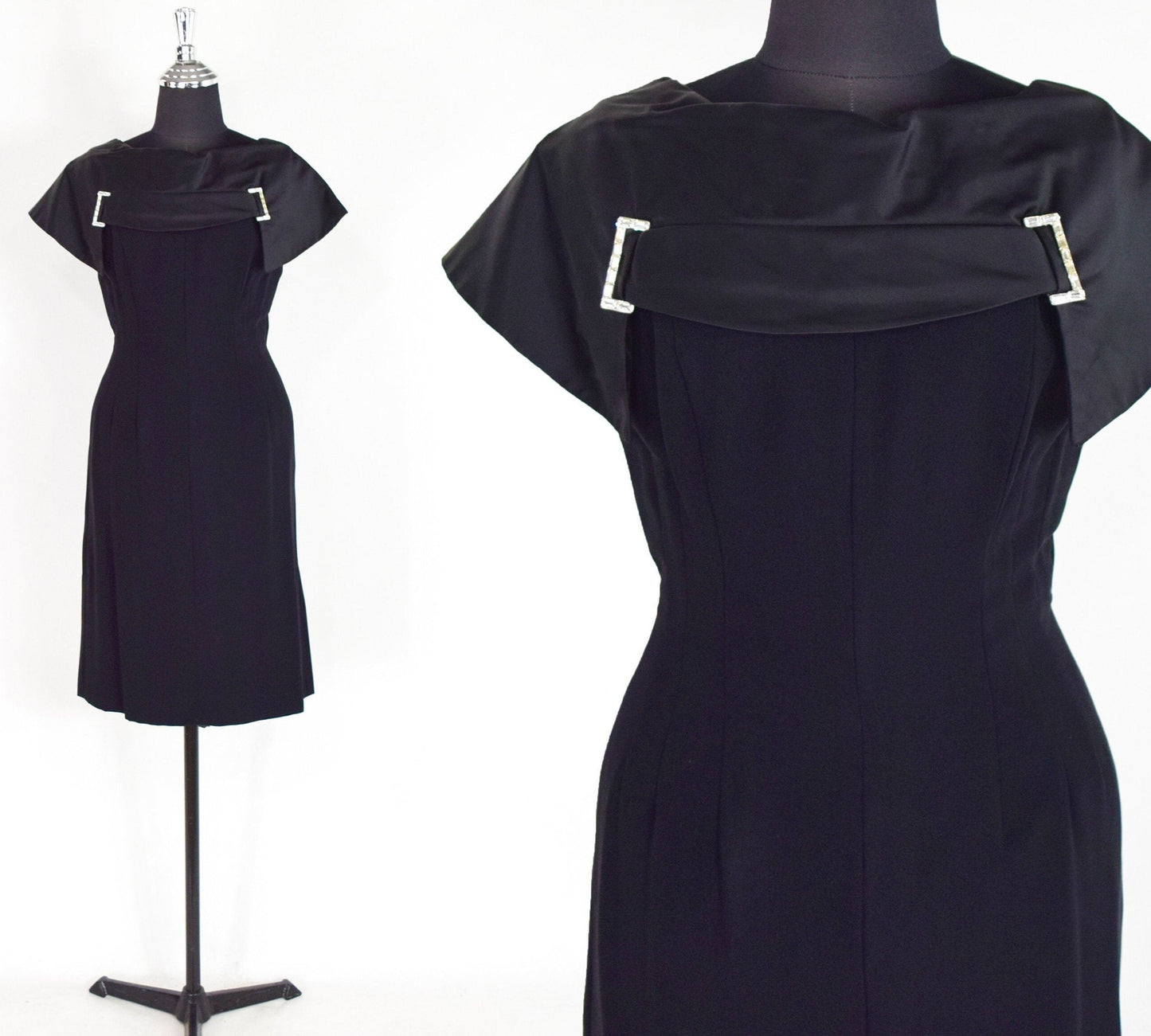 1950s Black Wool Crepe Sheath with Satin Collar, Small