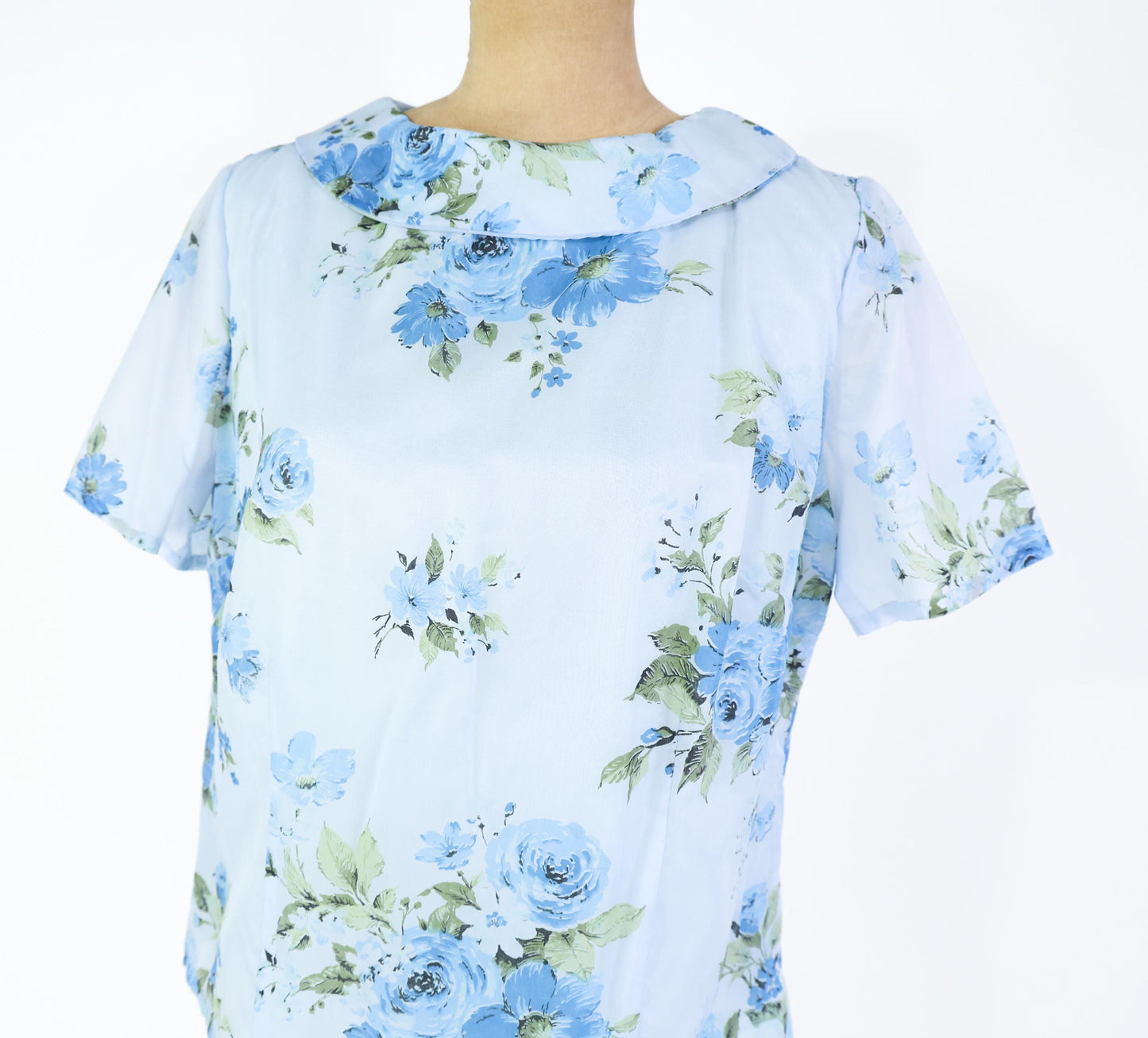 1960s Blue Floral Print Top, Extra Large, 42" Bust