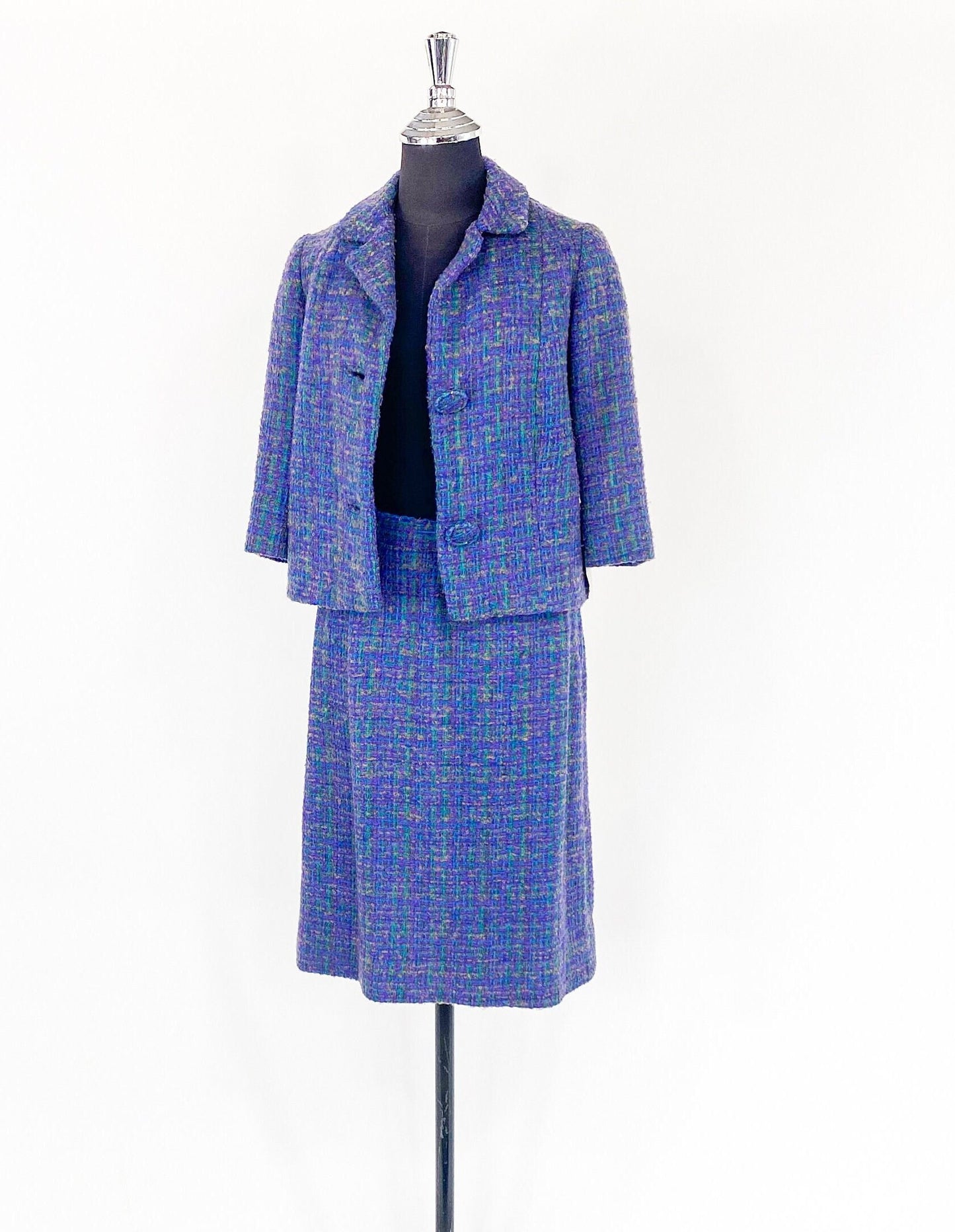 1960s Blue Plaid Wool Suit | 60s Purple Plaid Wool Tweed Suit | Jackie O | Medium