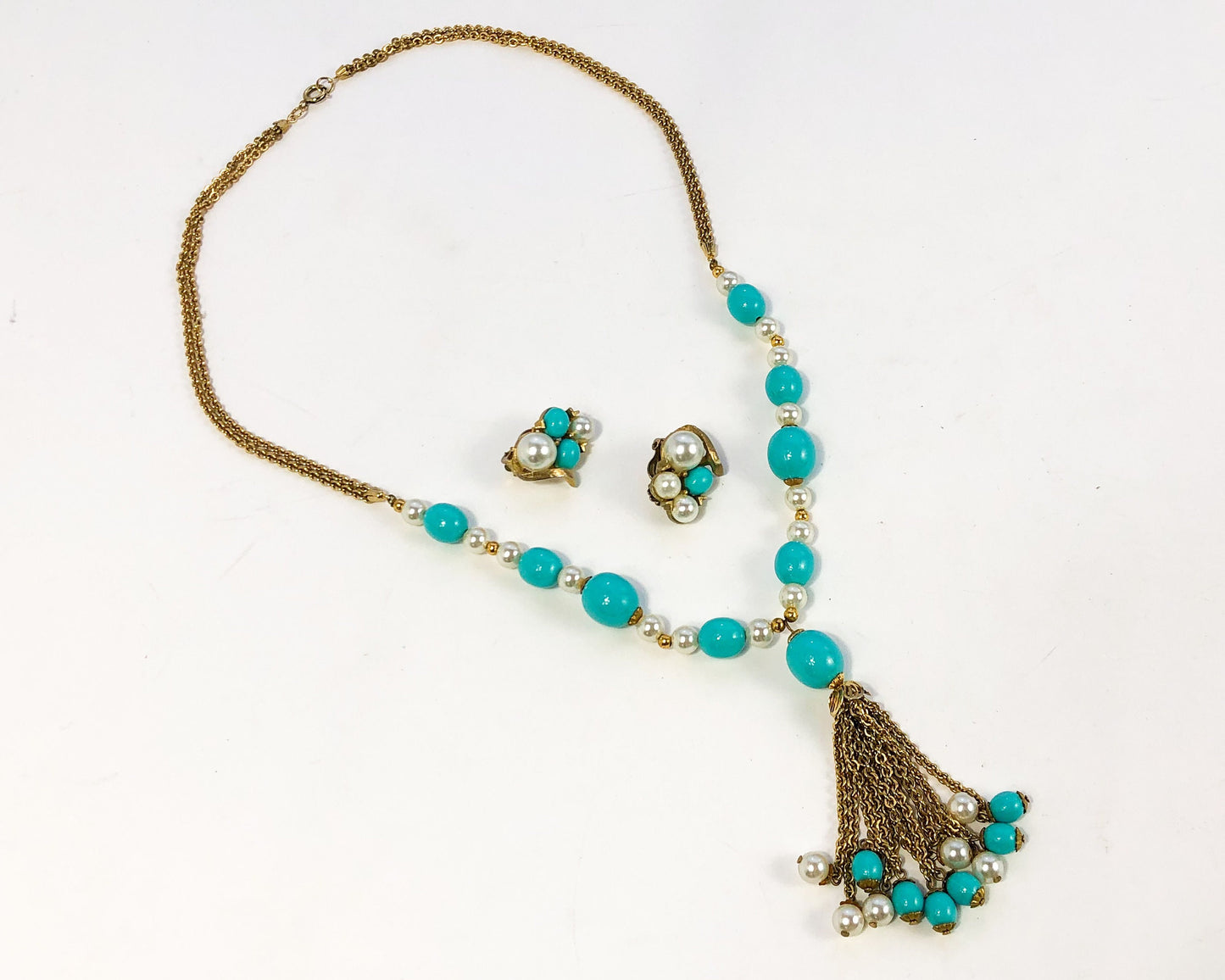 1960s Turquoise Pendant Necklace & Earrings | 60s Gold Turquoise Faux Pearl Necklace Set