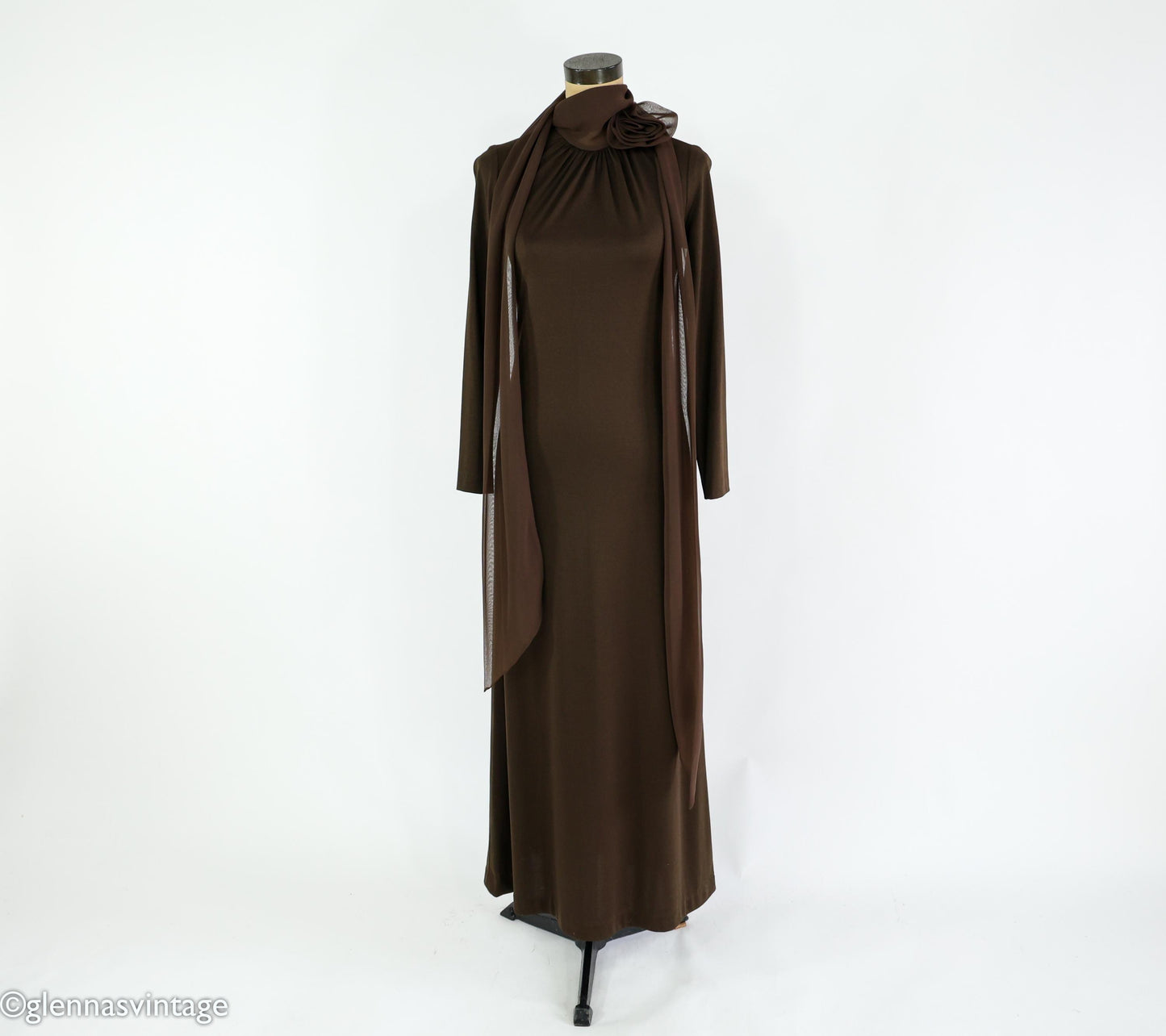 1970s Brown Maxi Dress | Chiffon Collar Evening Gown, Medium