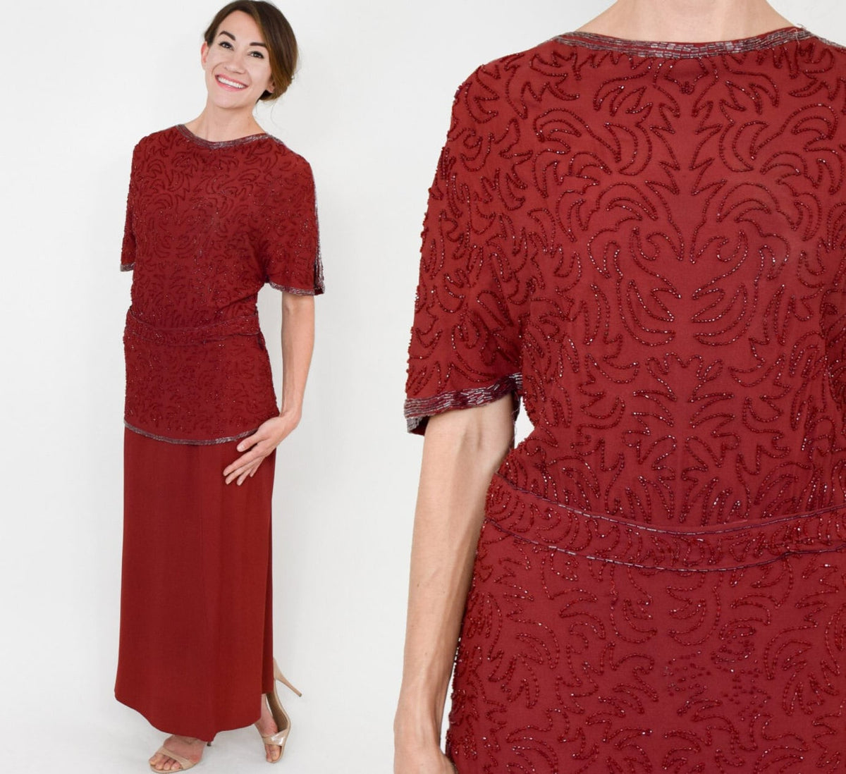 1940s Burgundy Beaded Evening Gown | 40s Red Gown |  Old Hollywood | Medium