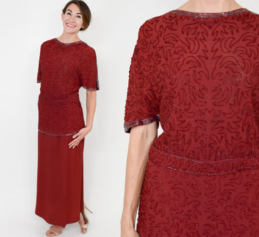 1940s Burgundy Beaded Evening Gown | 40s Red Gown |  Old Hollywood | Medium