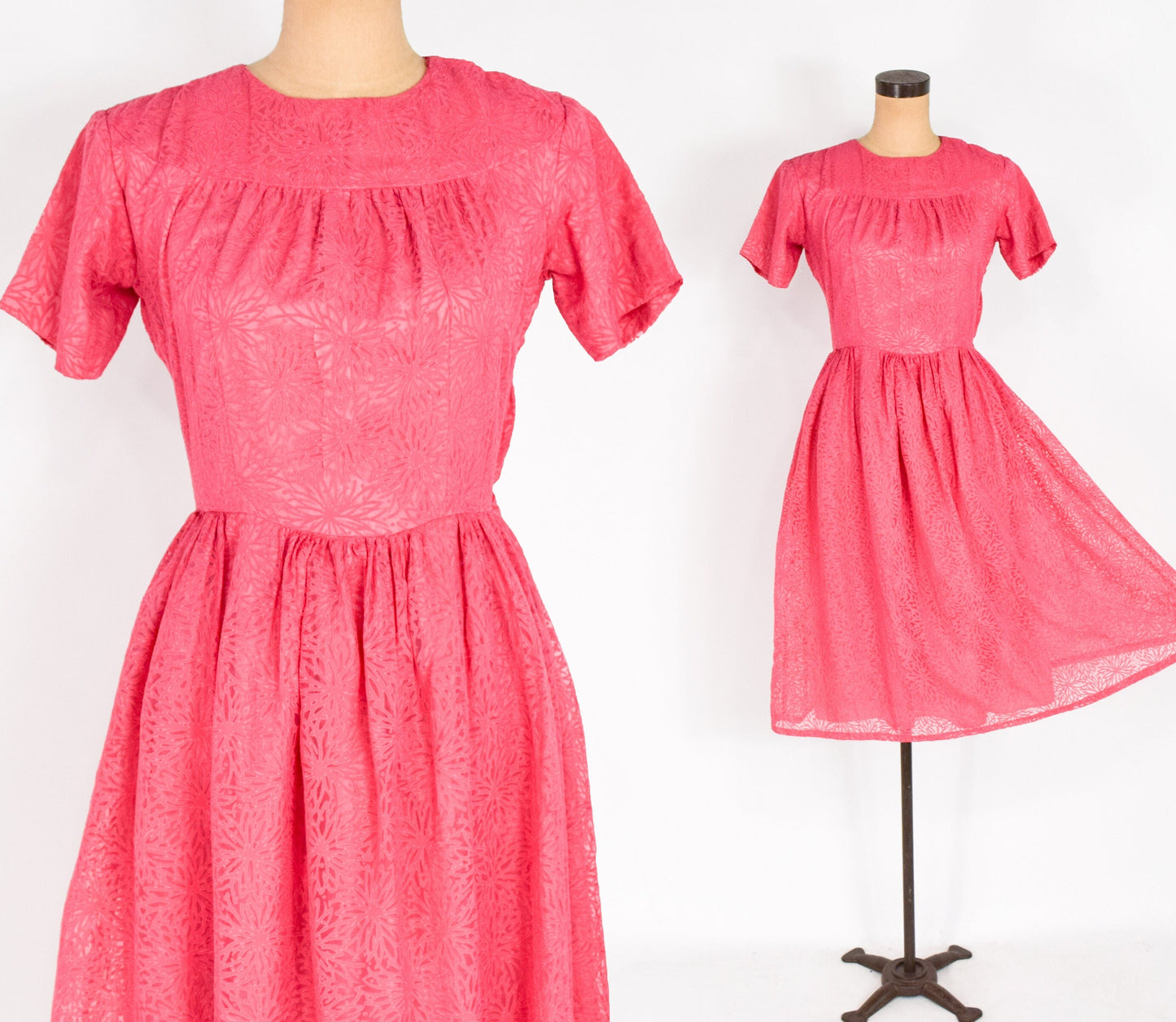 1950s Pink Chiffon Dress in Floral Burnout Fabric, Small