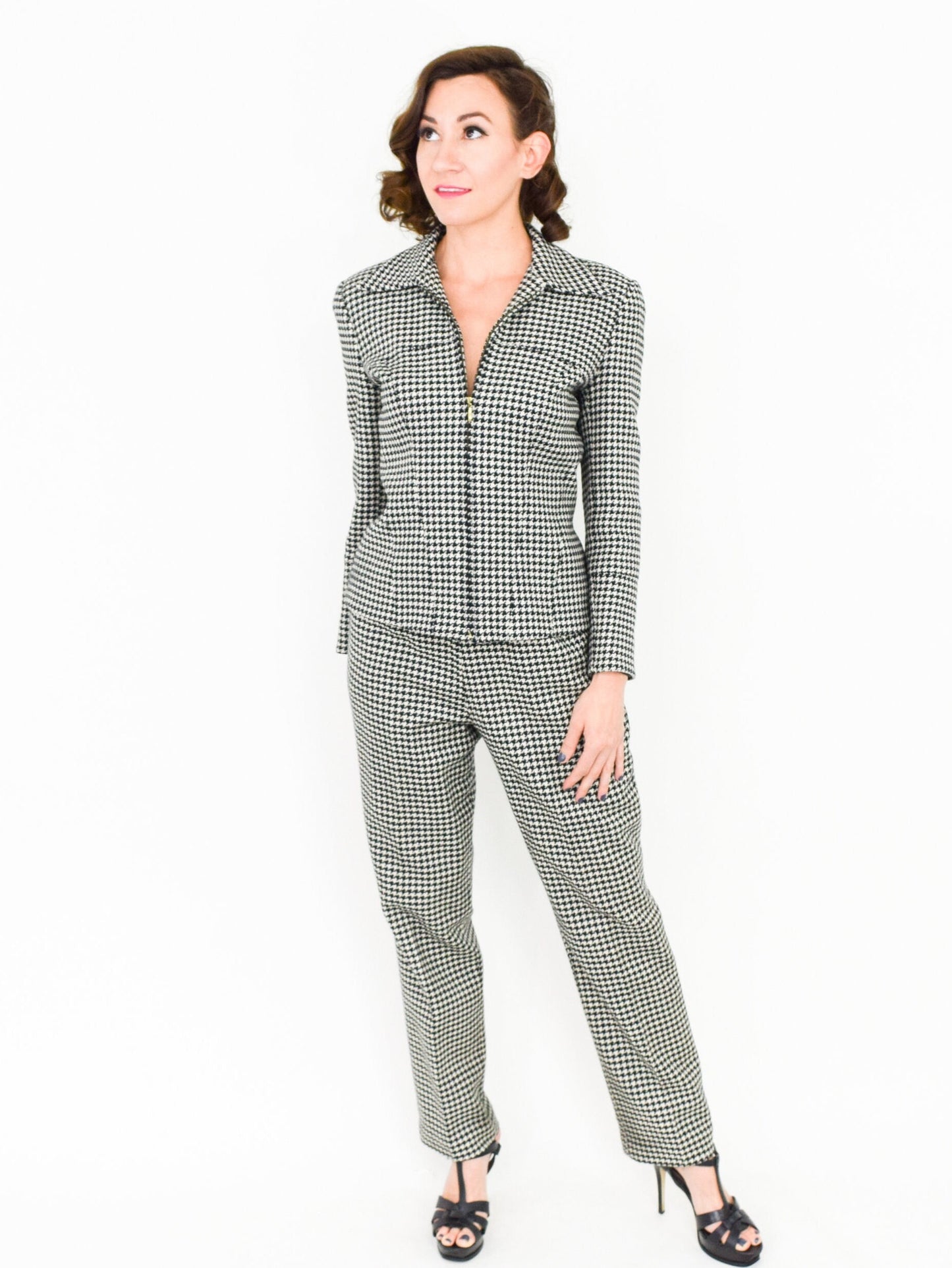 1970s Lilli Ann Grey Houndstooth Wool Pantsuit, Jacket & Pants Set, Medium