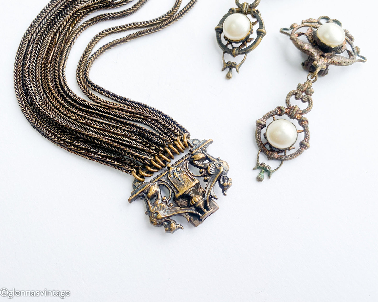 1930s Bronze Chain Bracelet & Pearl Clip Earrings, Art Nouveau Jewelry Set