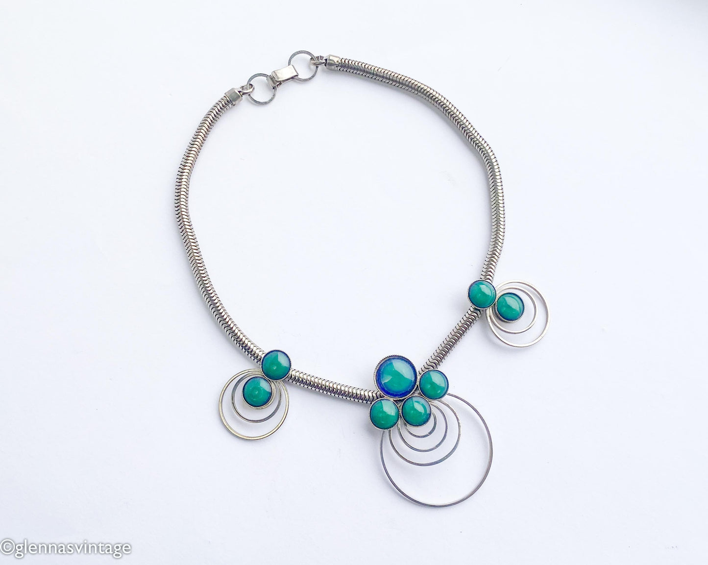 1960s Mod Necklace | Silver Circles, Green Glass Pendant
