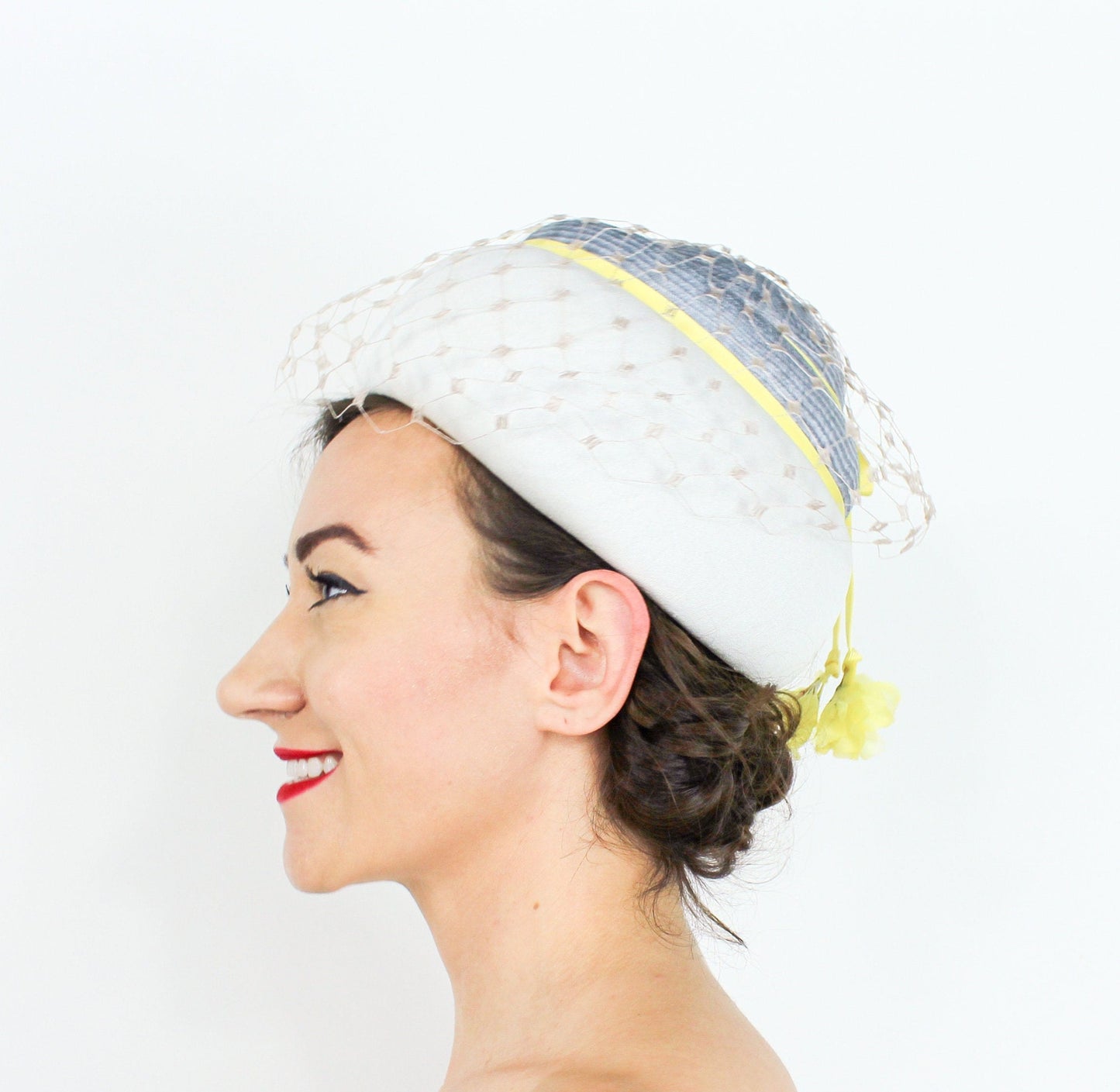 1960s White Yellow & Gray Pillbox Hat, Coralie Hat