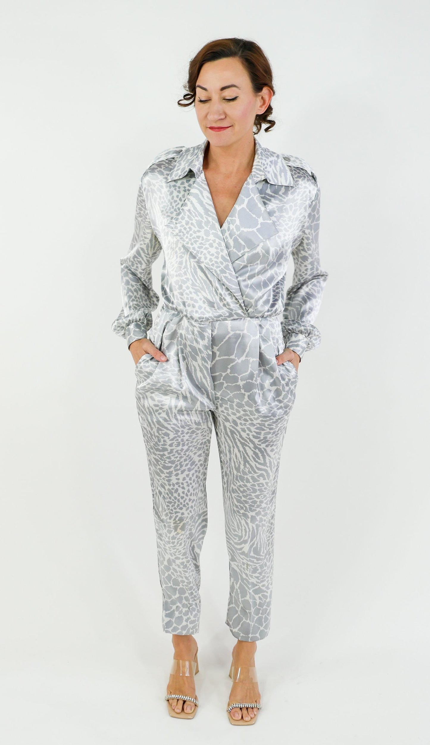1980s Giraffe Silver Print Jumpsuit | 80s Silver Jumpsuit | Caron | Medium
