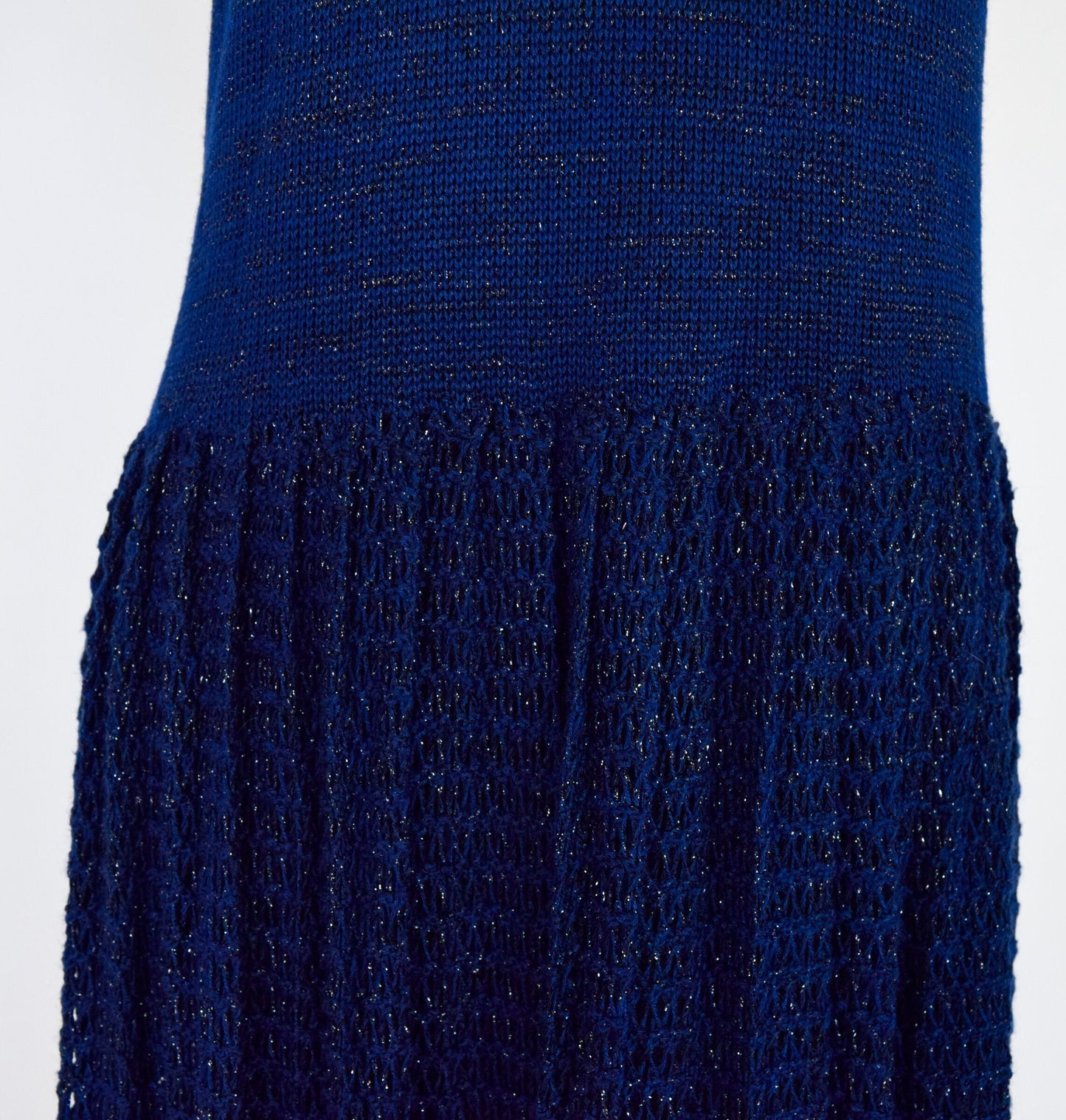 1980s Metallic Navy Knit Strapless Maxi Dress. Medium