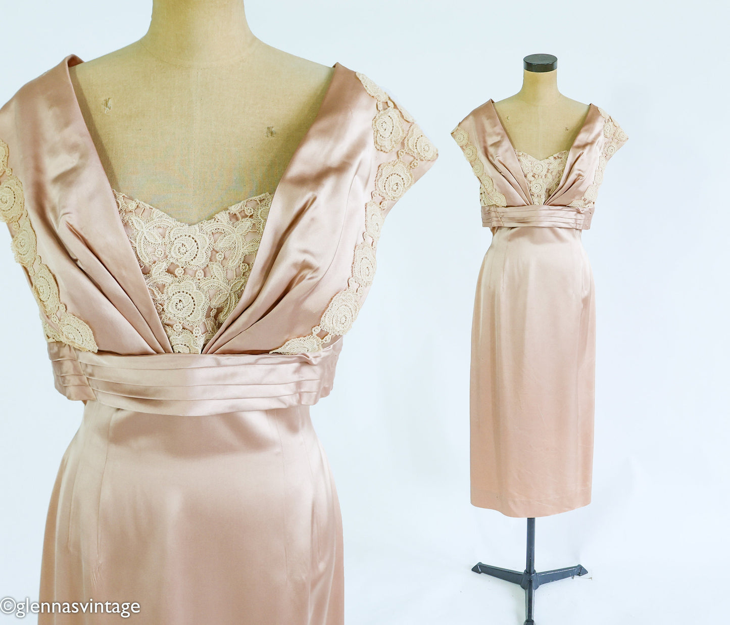 1950s Taupe Champagne Satin Cocktail Dress, Medium