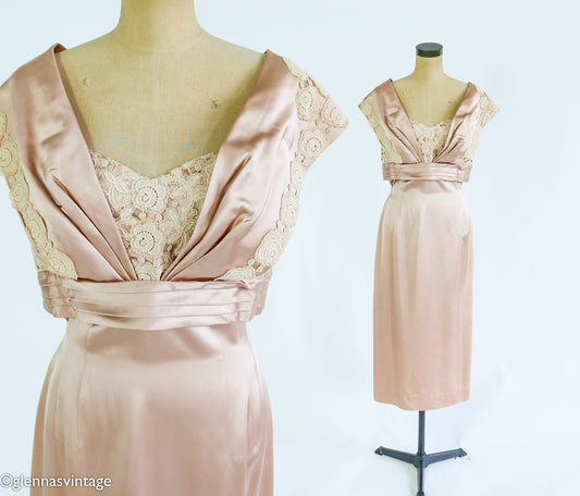 1950s Taupe Champagne Satin Cocktail Dress, Medium