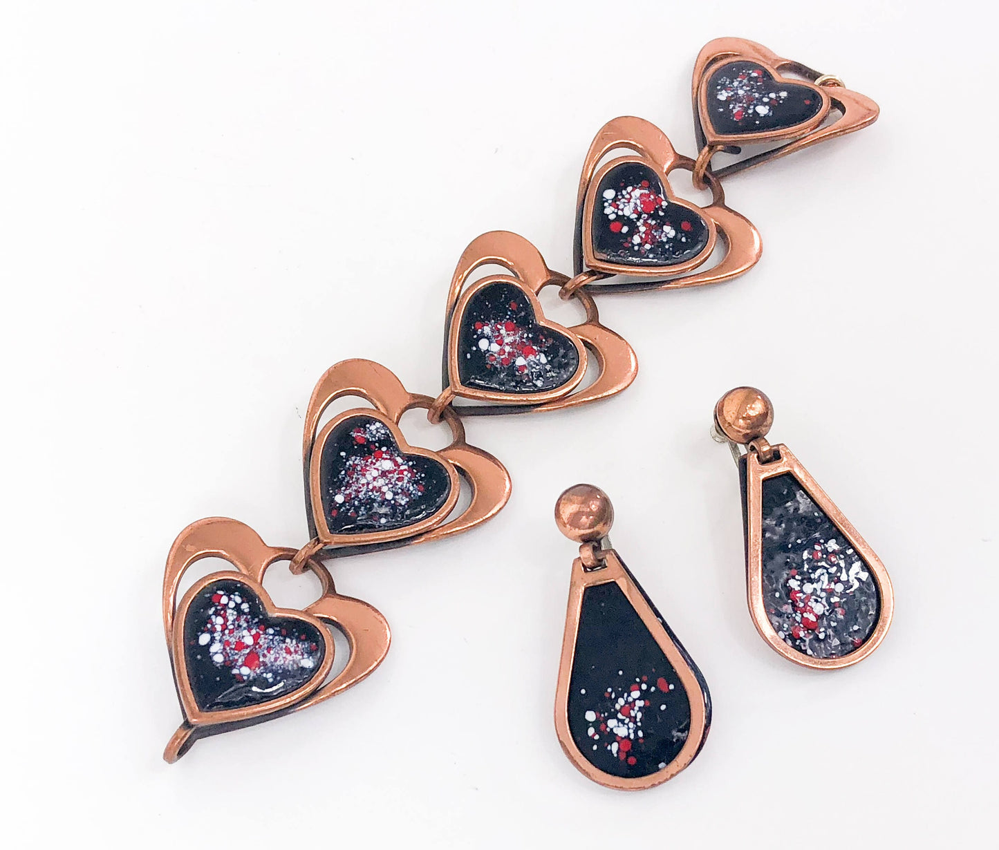 1940s Rebajes Copper Heart Bracelet & Earrings Jewelry Set