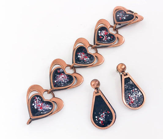 1940s Rebajes Copper Heart Bracelet & Earrings Jewelry Set