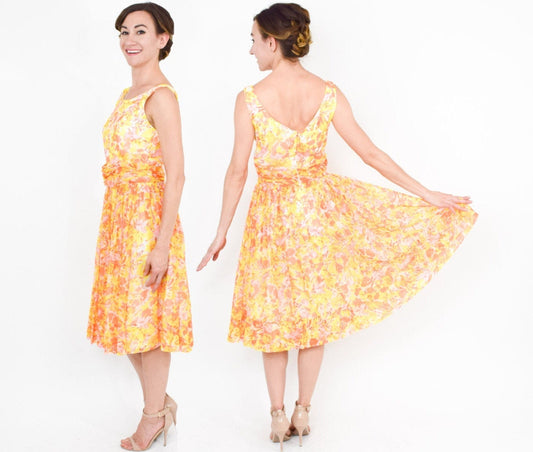 1950s Yellow & Orange Floral Print Chiffon Dress, Small