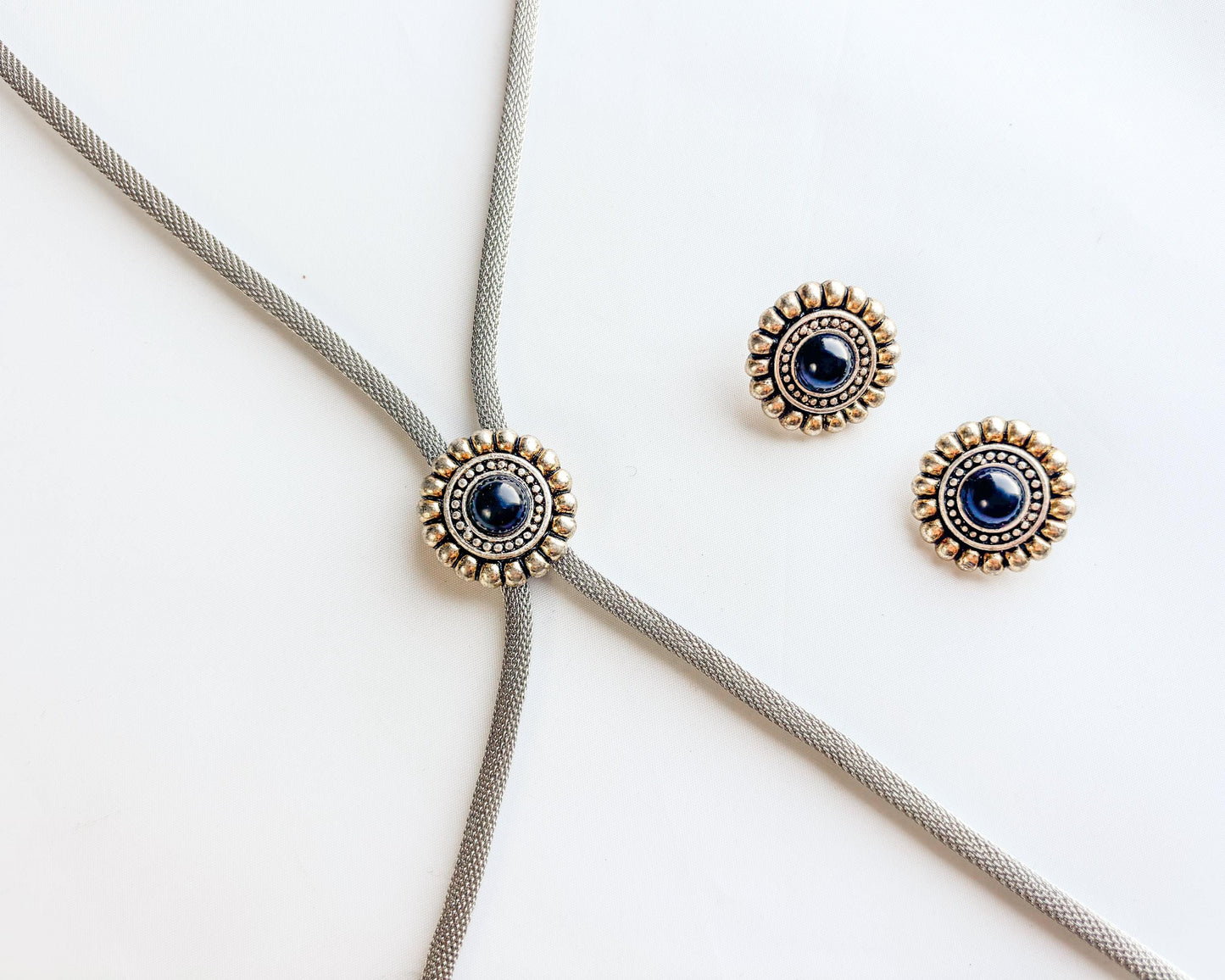 1980s Silver Bolo Tie Necklace & Earring | Silver Necklace Set