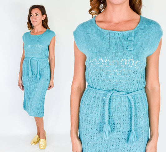 1970s Crochet Knit Sweater Dress | Blue Acrylic Sheath, Medium