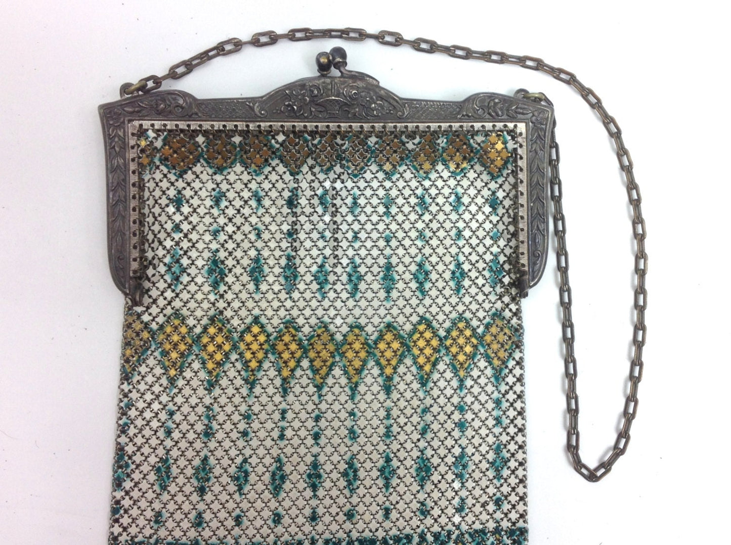 1900s Enamel Mesh Evening Bag | Vintage White, Green & Gold Purse