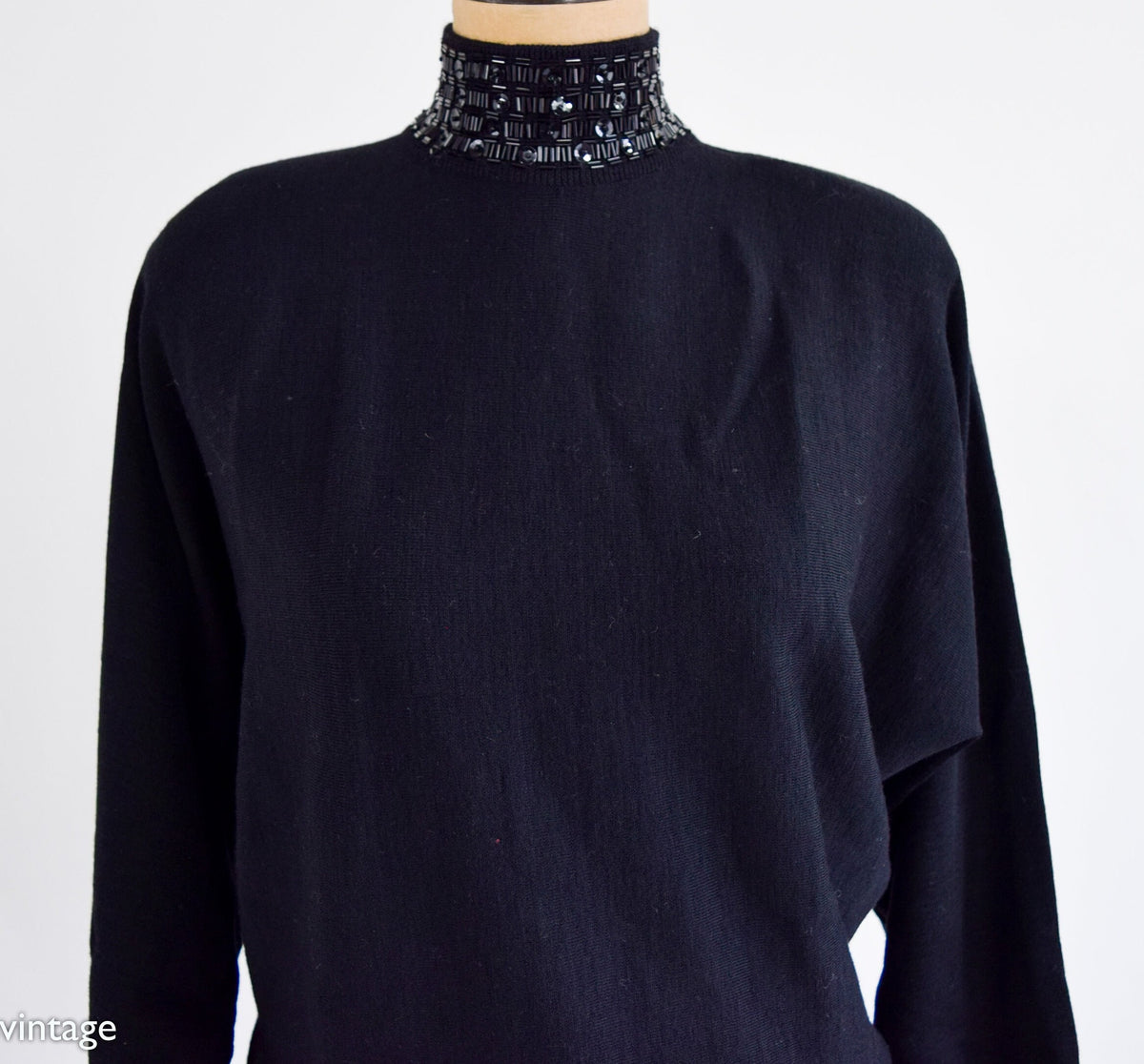 1980s Black Wool Beaded Turtleneck Sweater | Semplice, Medium