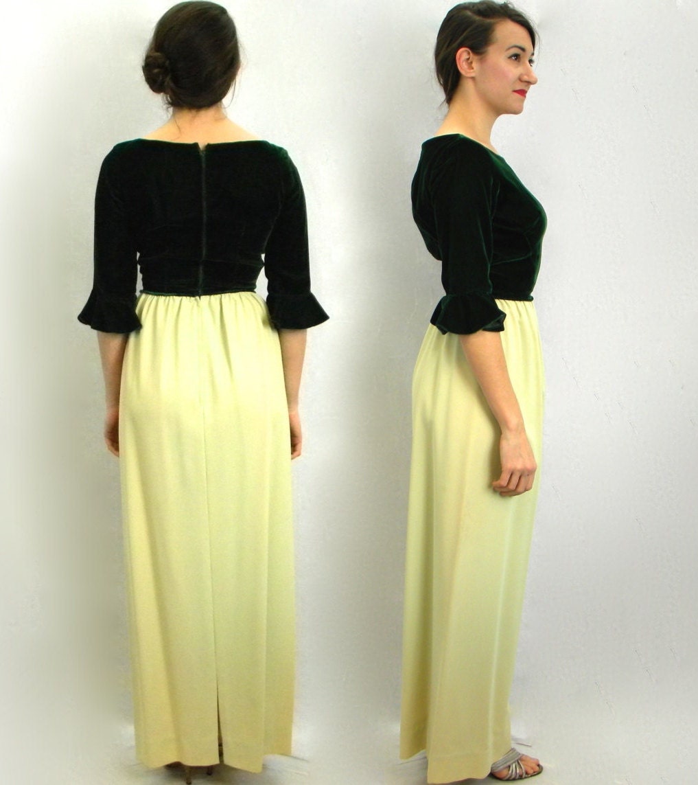 1960s Green Evening Dress | 60s Green Velvet & Crepe Dress | Bridesmaid | Prom Dress | XS
