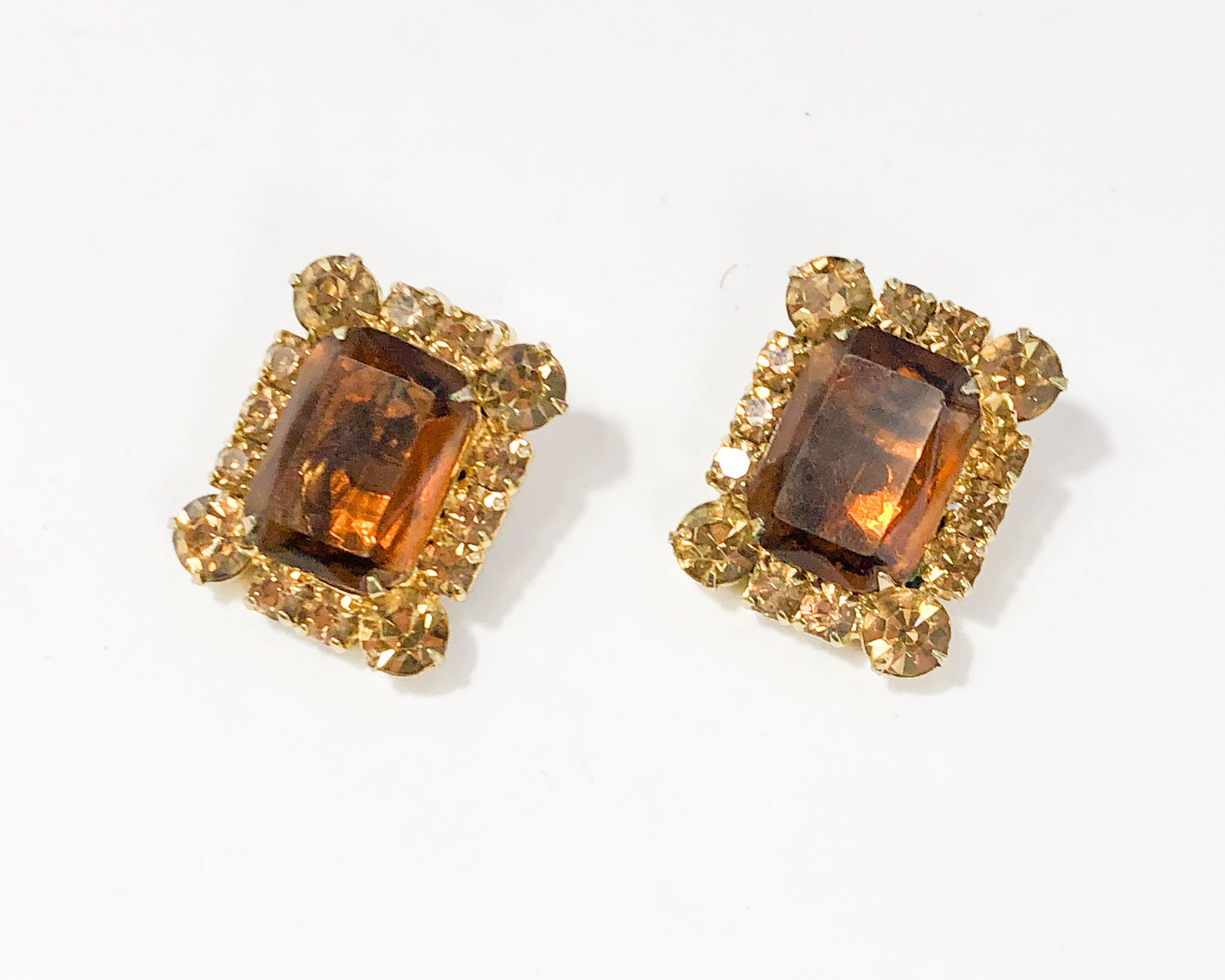 1960s Brown & Gold Rhinestone Earrings | 60s Rectangle Brown Rhinestone Earrings