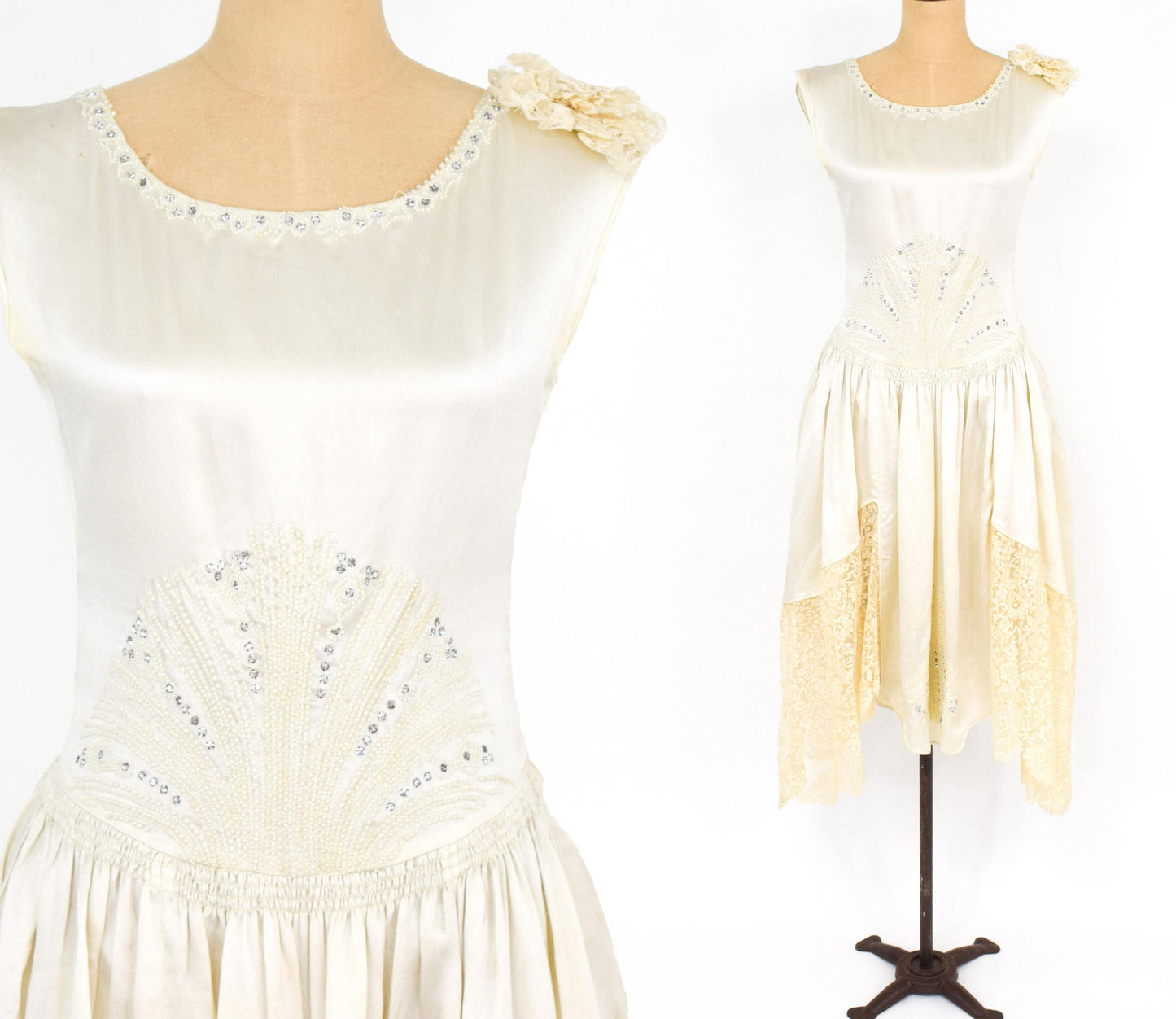 1930s  White Silk Beaded Wedding Dress with Rhinestones & Lace, Small