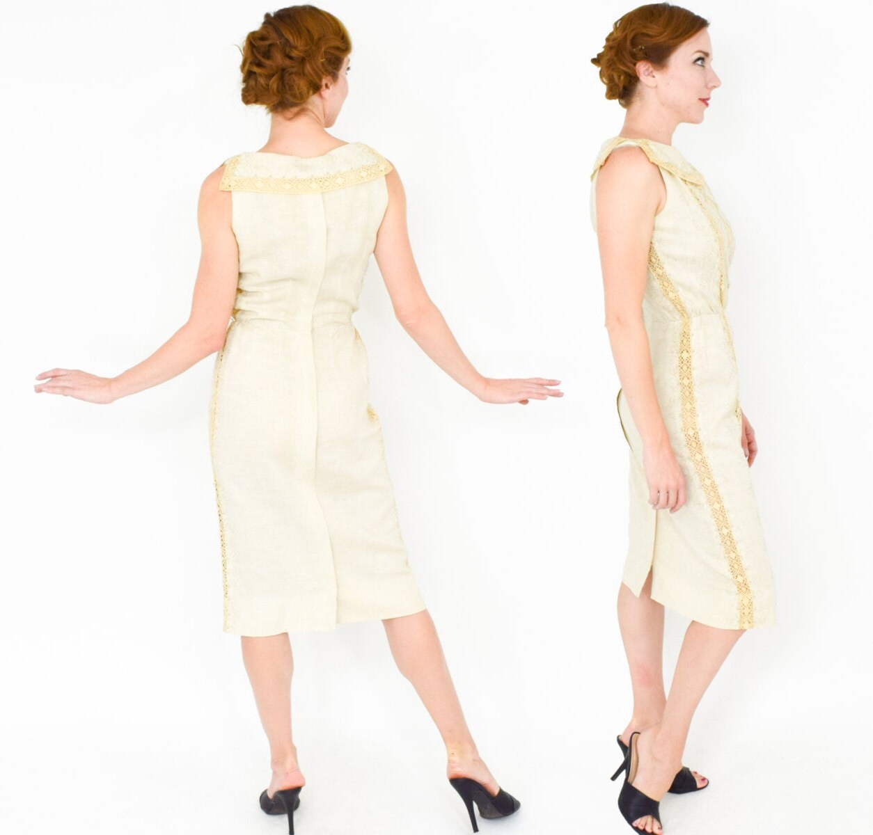 1950s Beige Irish Linen Dress, Medium