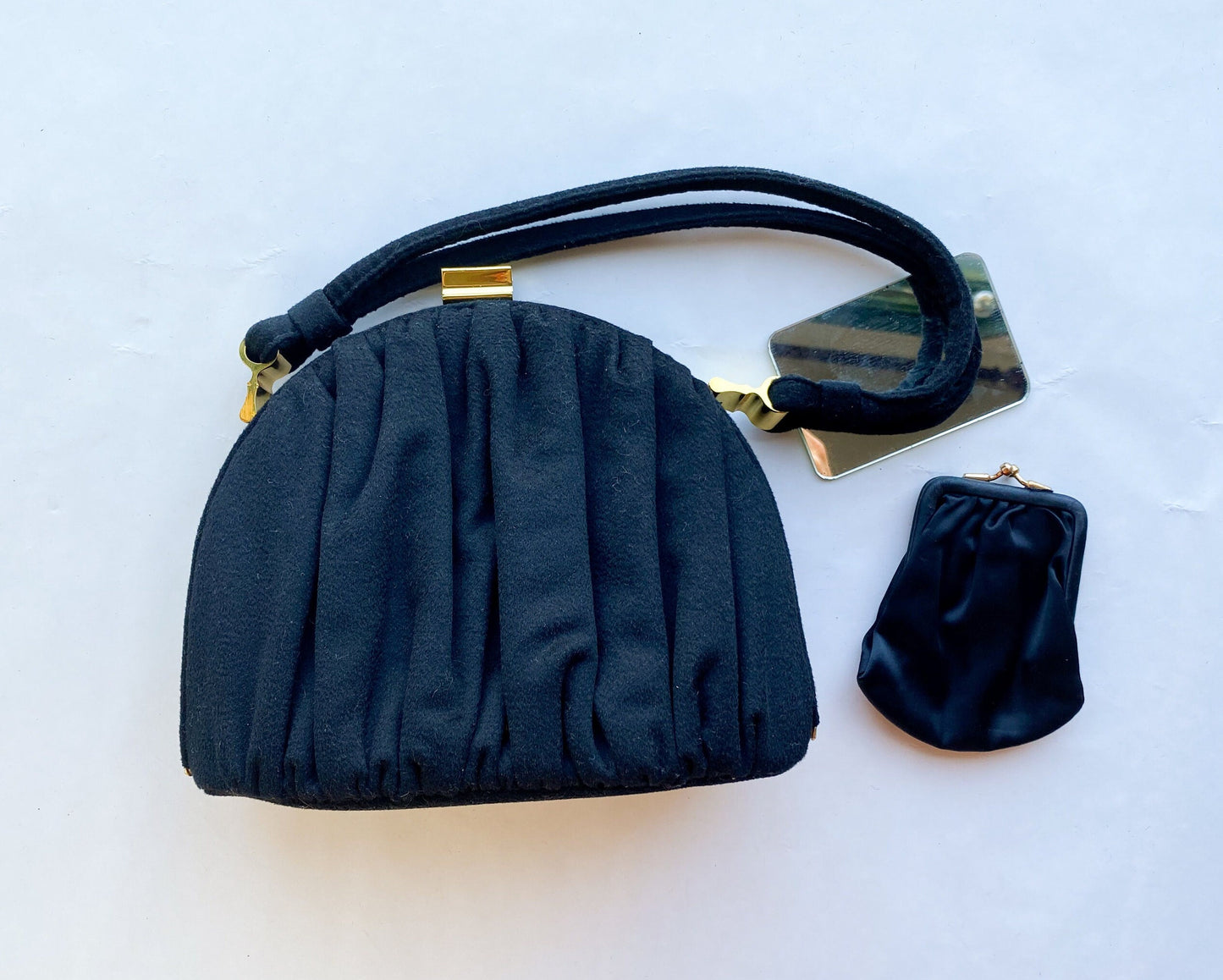 1940s Black Wool Handbag | 40s Black Gathered Wool Purse