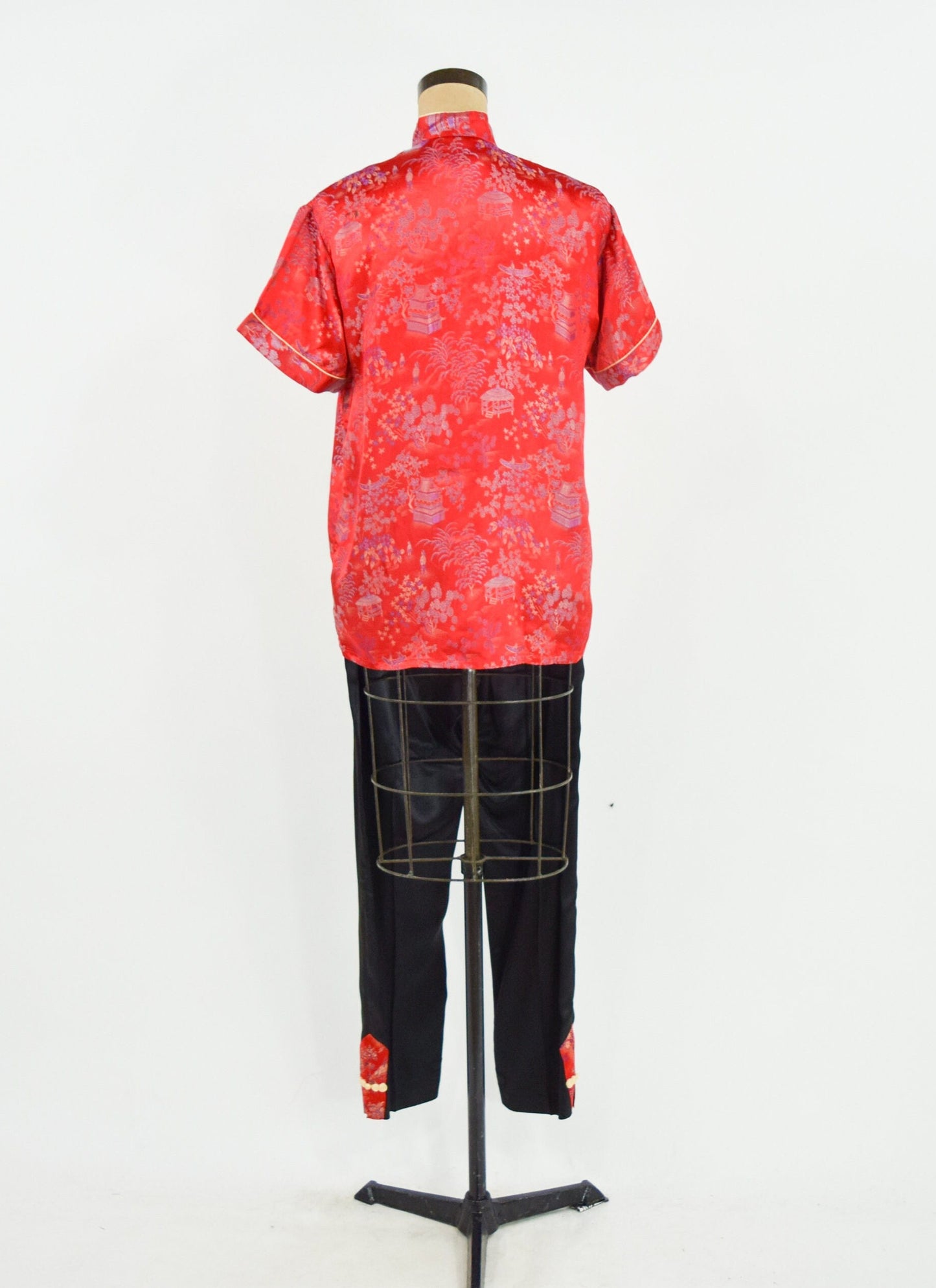1950s Red Asian Design Pajama Set, Top & Pants Set, Large