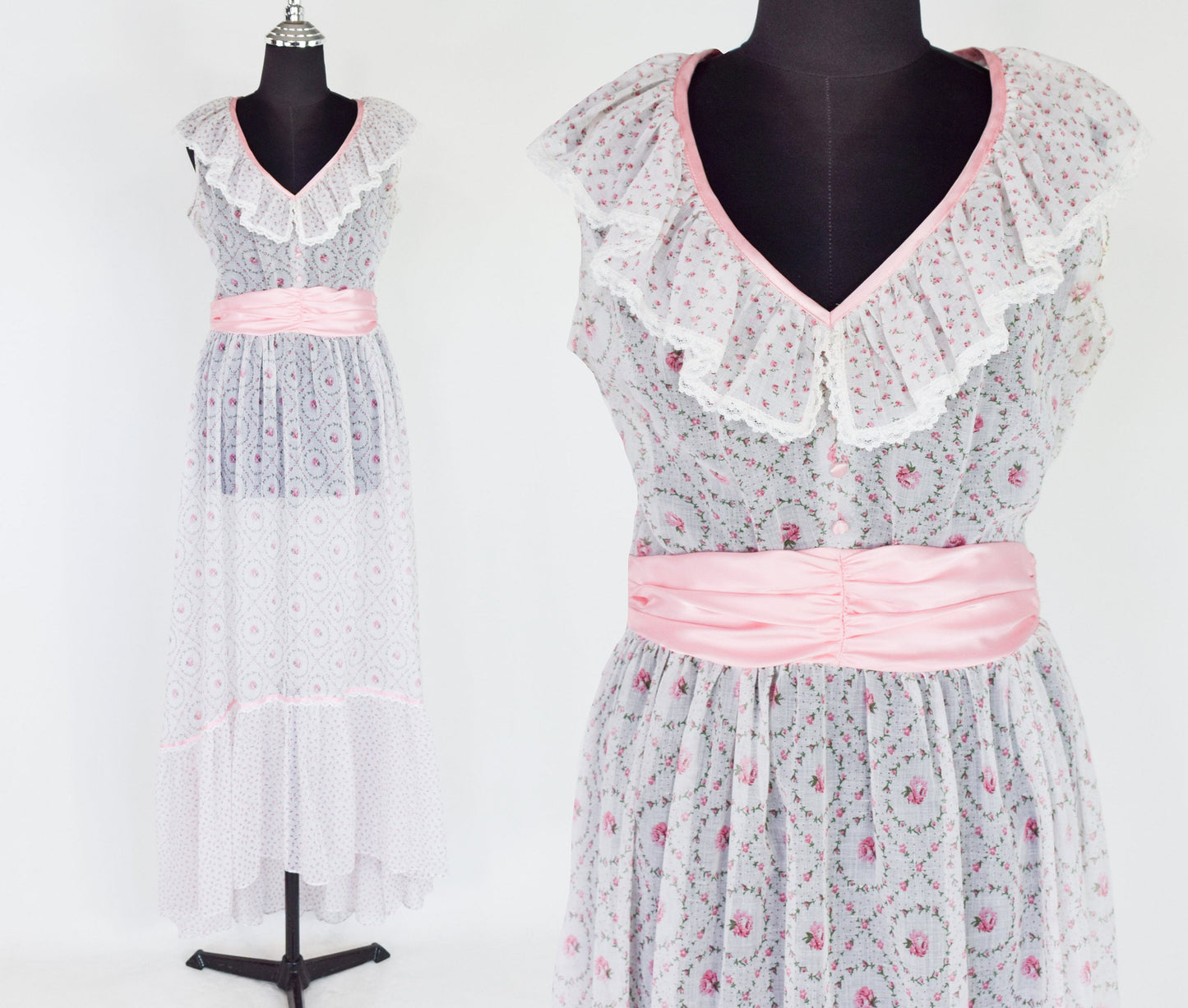 1970s White Pink Floral Print Maxi Dress, Small