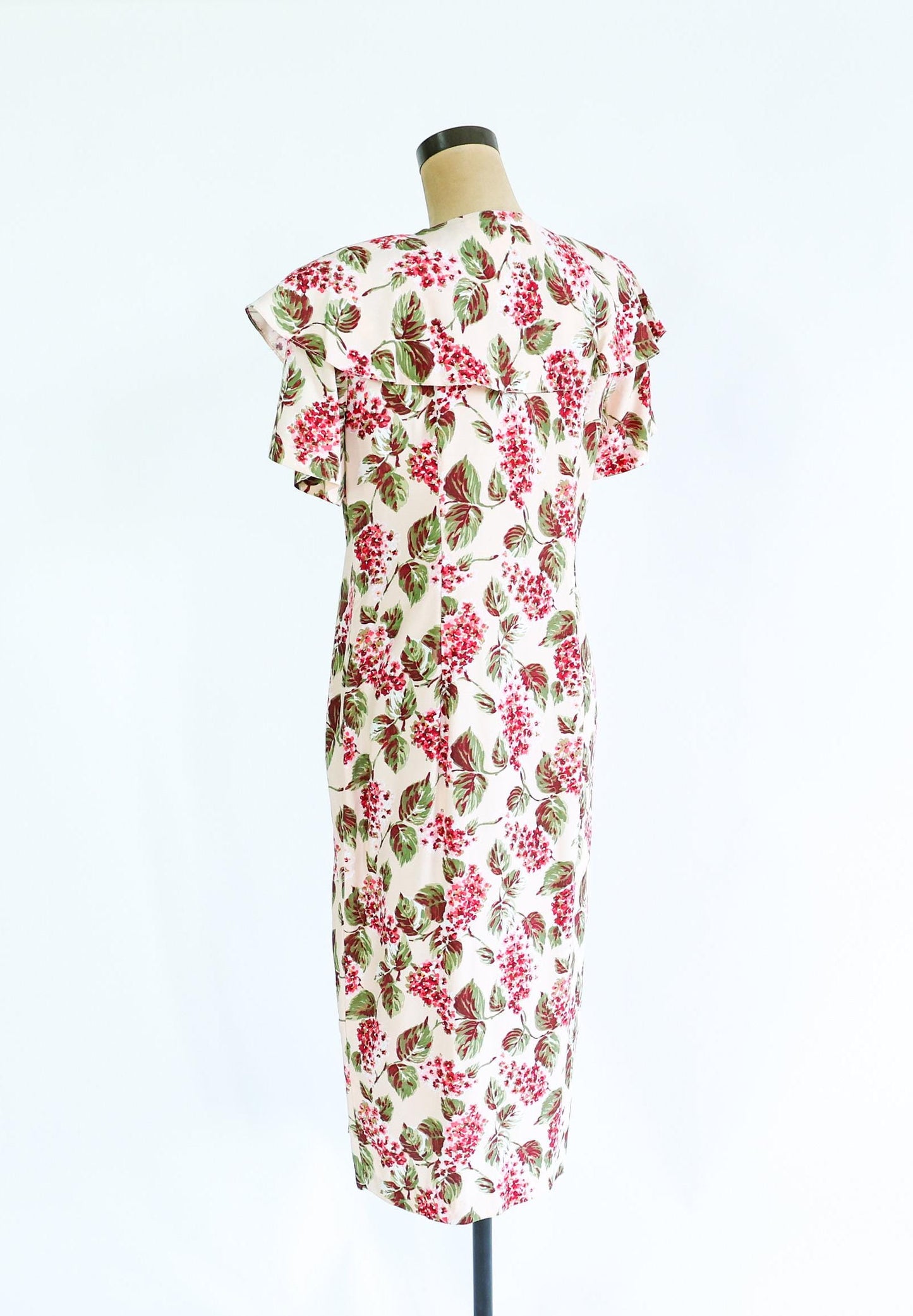 1980s Creme & Pink Floral Print Dress, Size 8 Medium