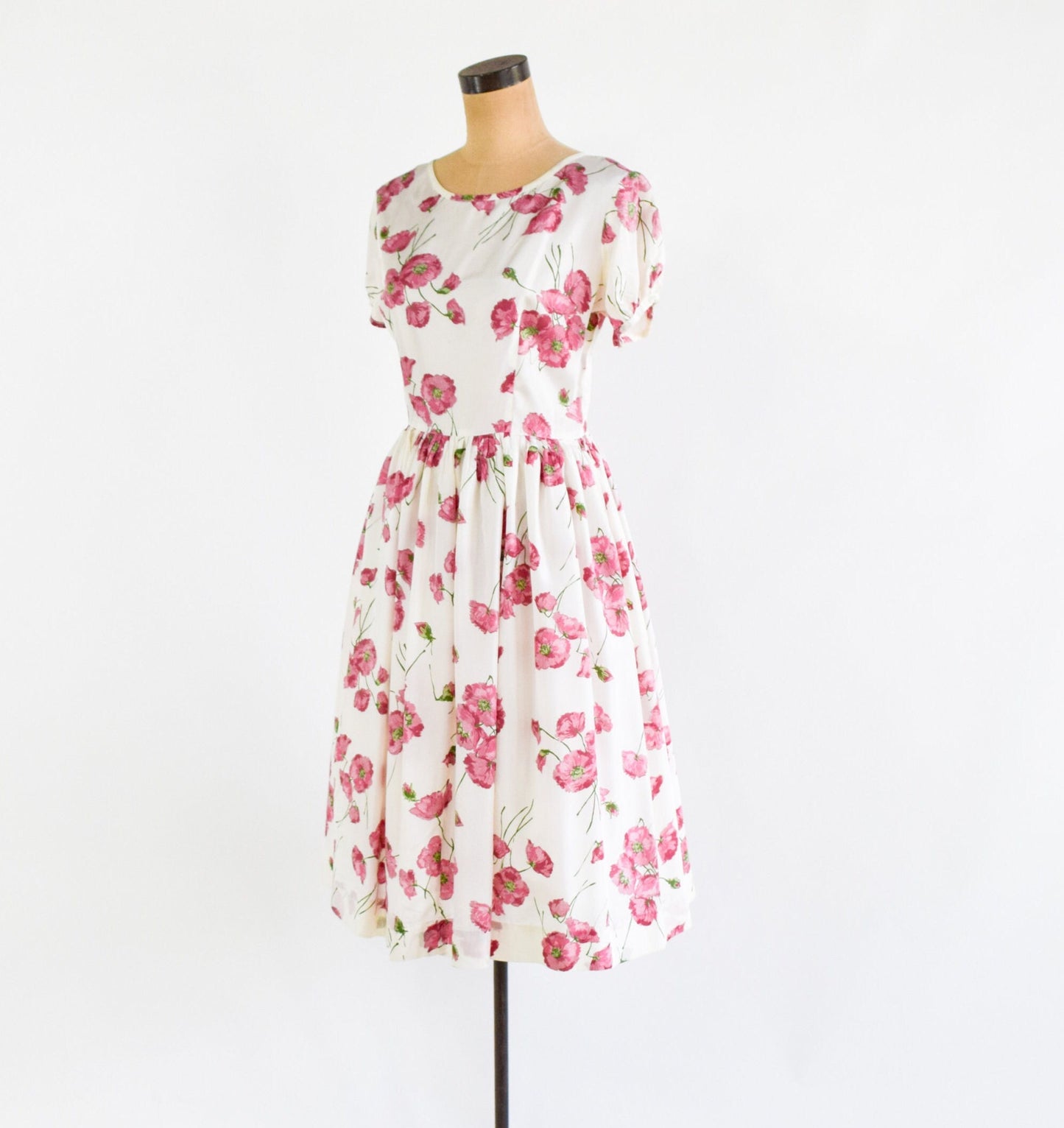 1950s Pink Floral Print Day Dress, Medium