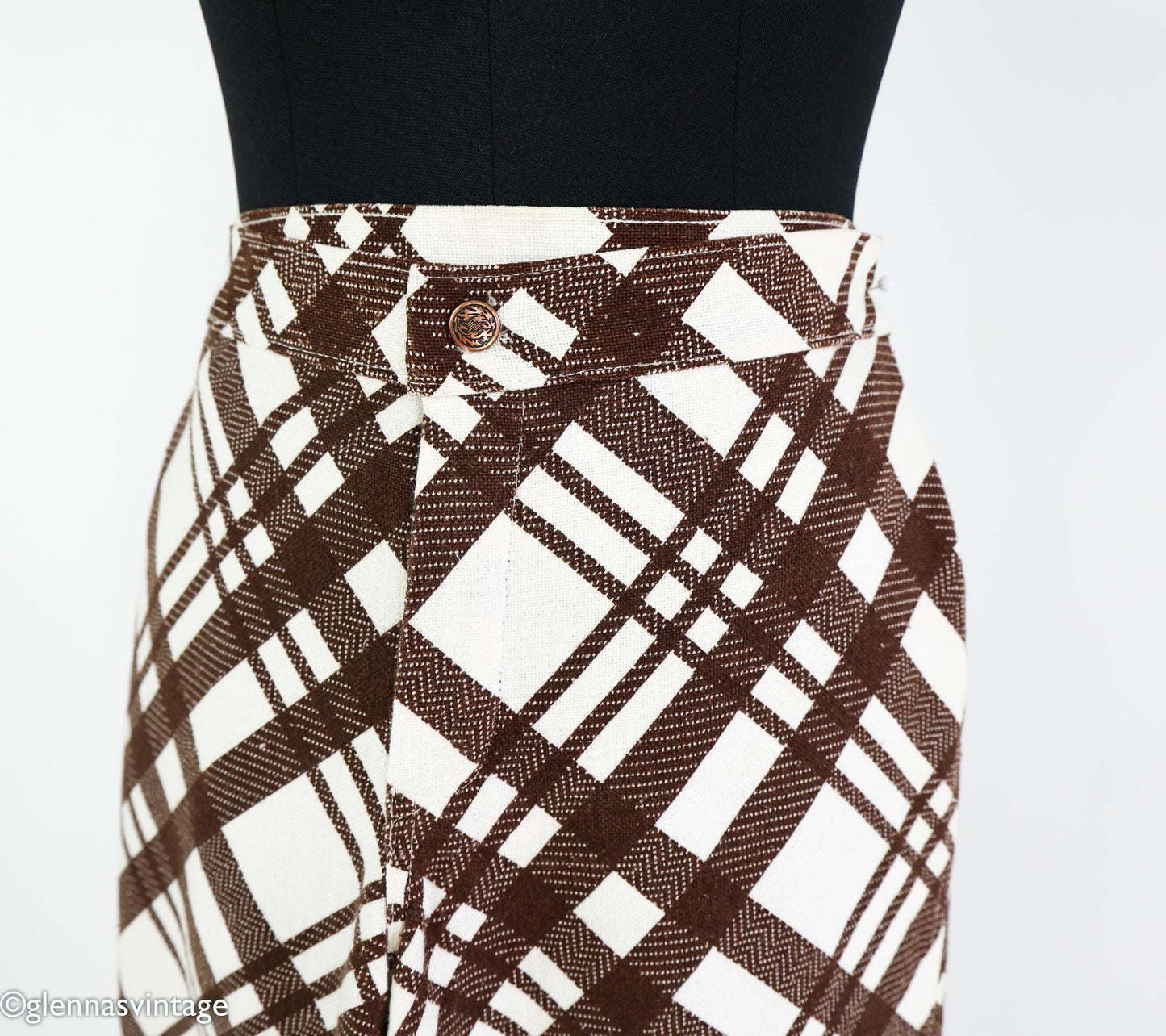 1970s Brown White Plaid Palazzo Pants, Medium