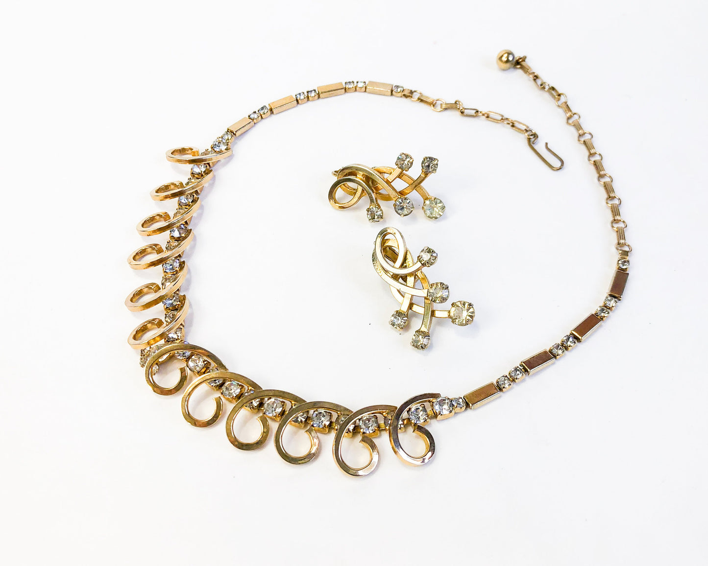 Vintage Gold Tone Rhinestone Necklace and Earrings Set, 1950s Jewelry