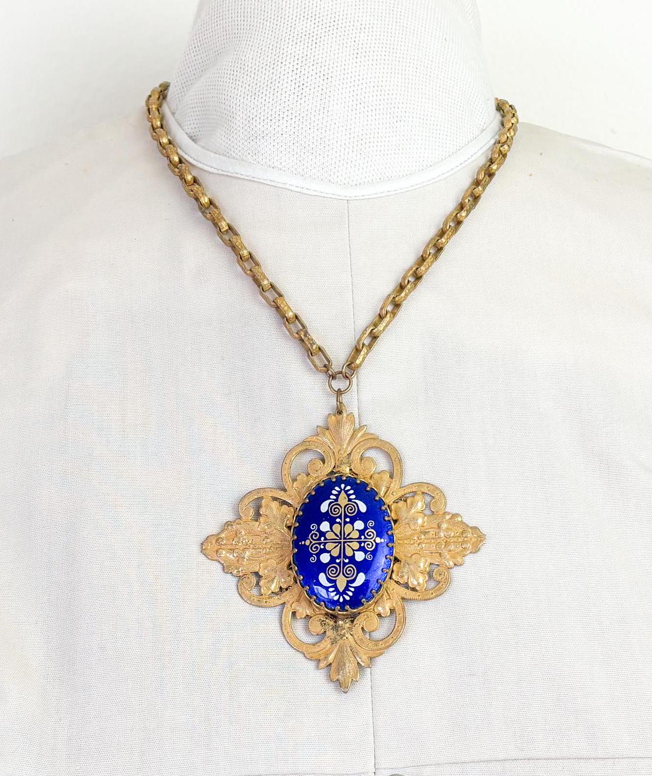 Vintage 1940s Miriam Haskell Necklace, Cobalt Blue Glass Filigree Pendant